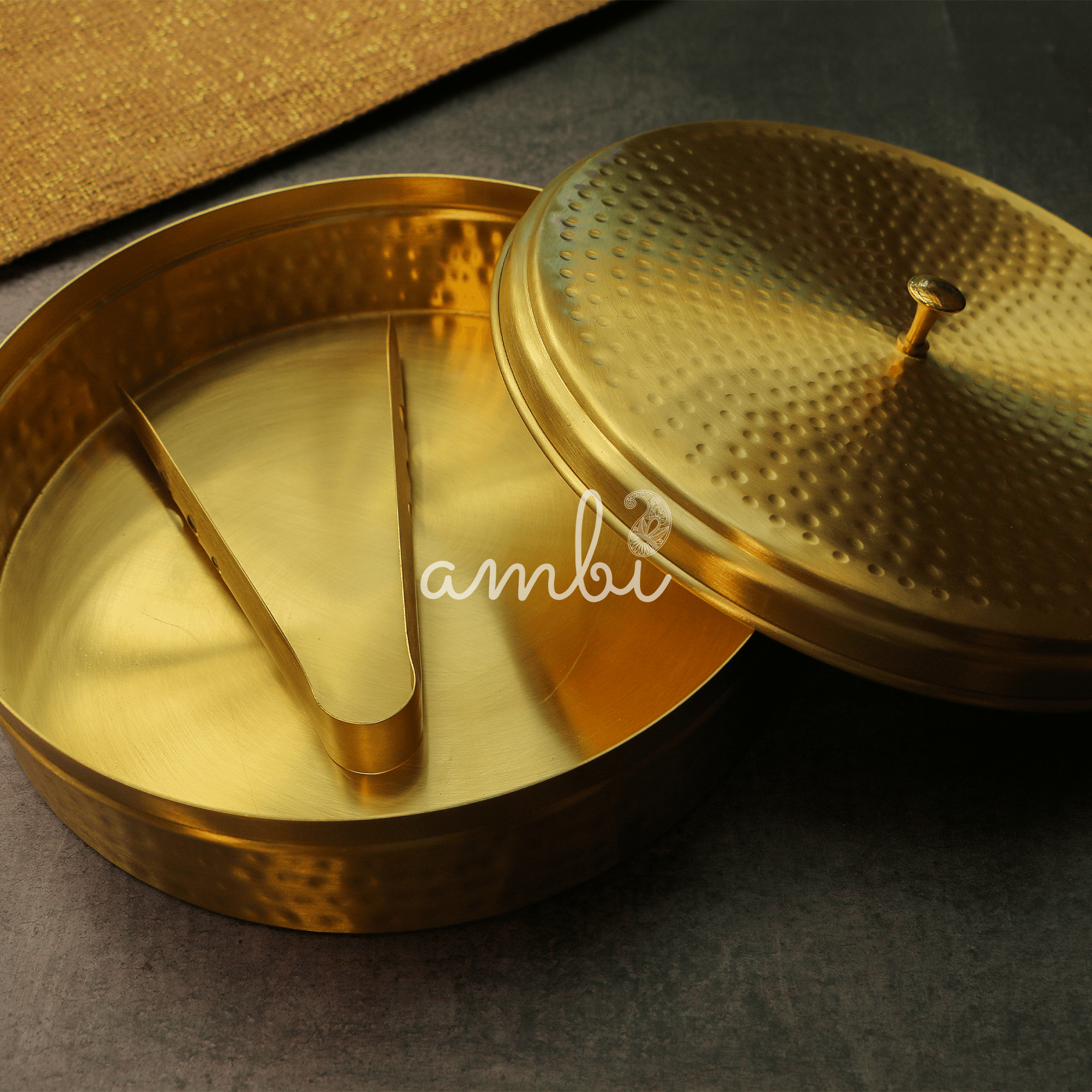Full Brass Hammered Chapati / Roti Box - 9 Inches Diameter with Tongs