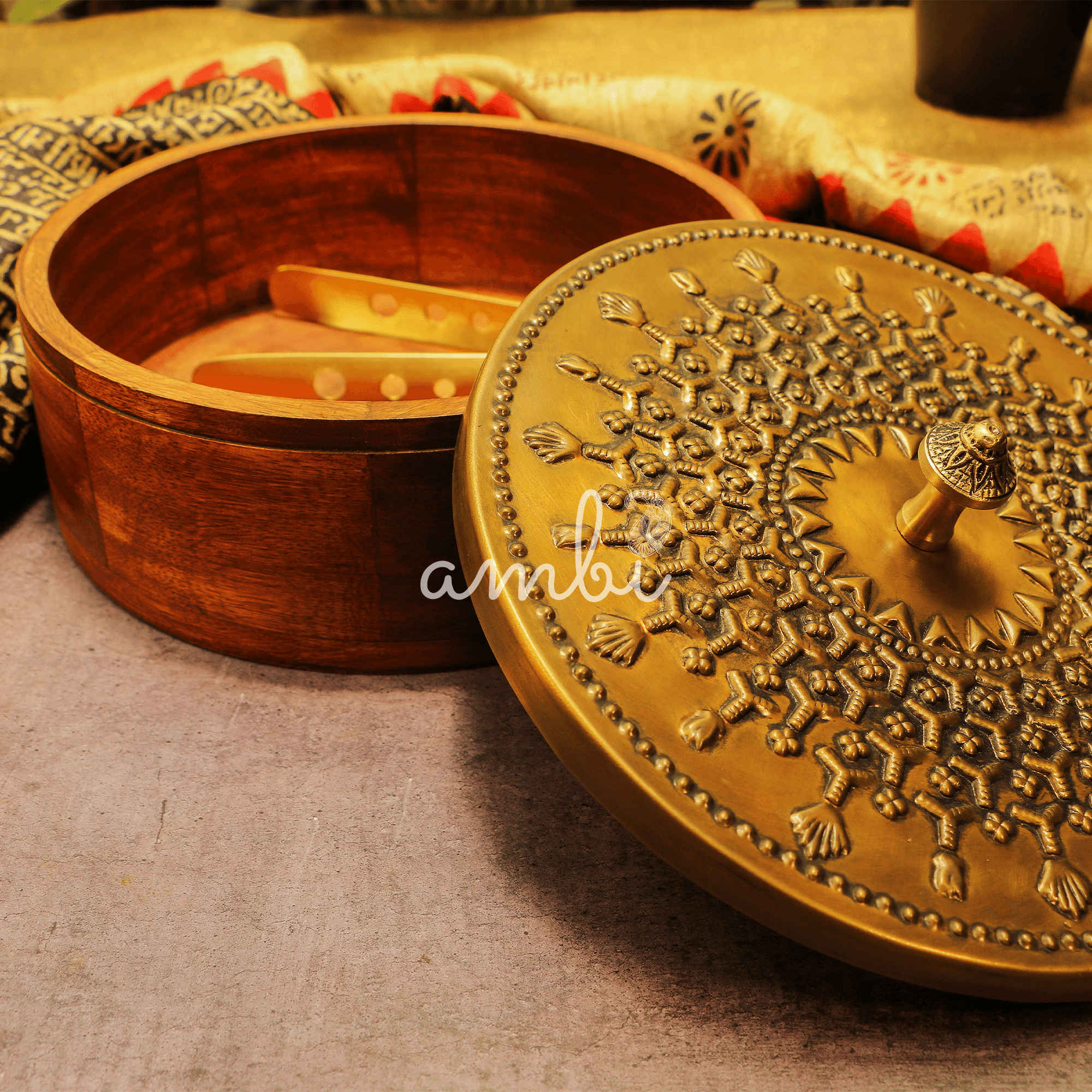 Pure Brass Heavy Inlay Work Chapati / Roti Box - 9 Inches Diameter with Tongs