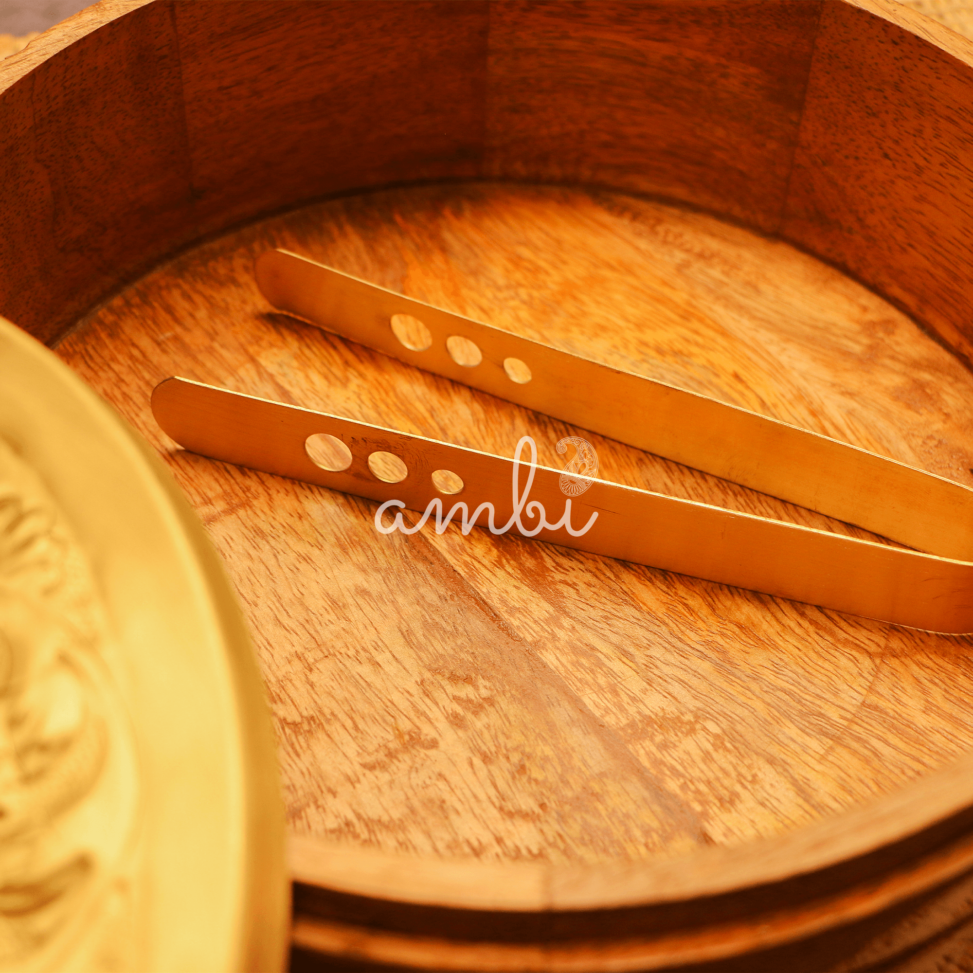 Heavy Brass Work Chapati / Roti Box - 9.5 Inches Diameter with Tongs - Gold Finish