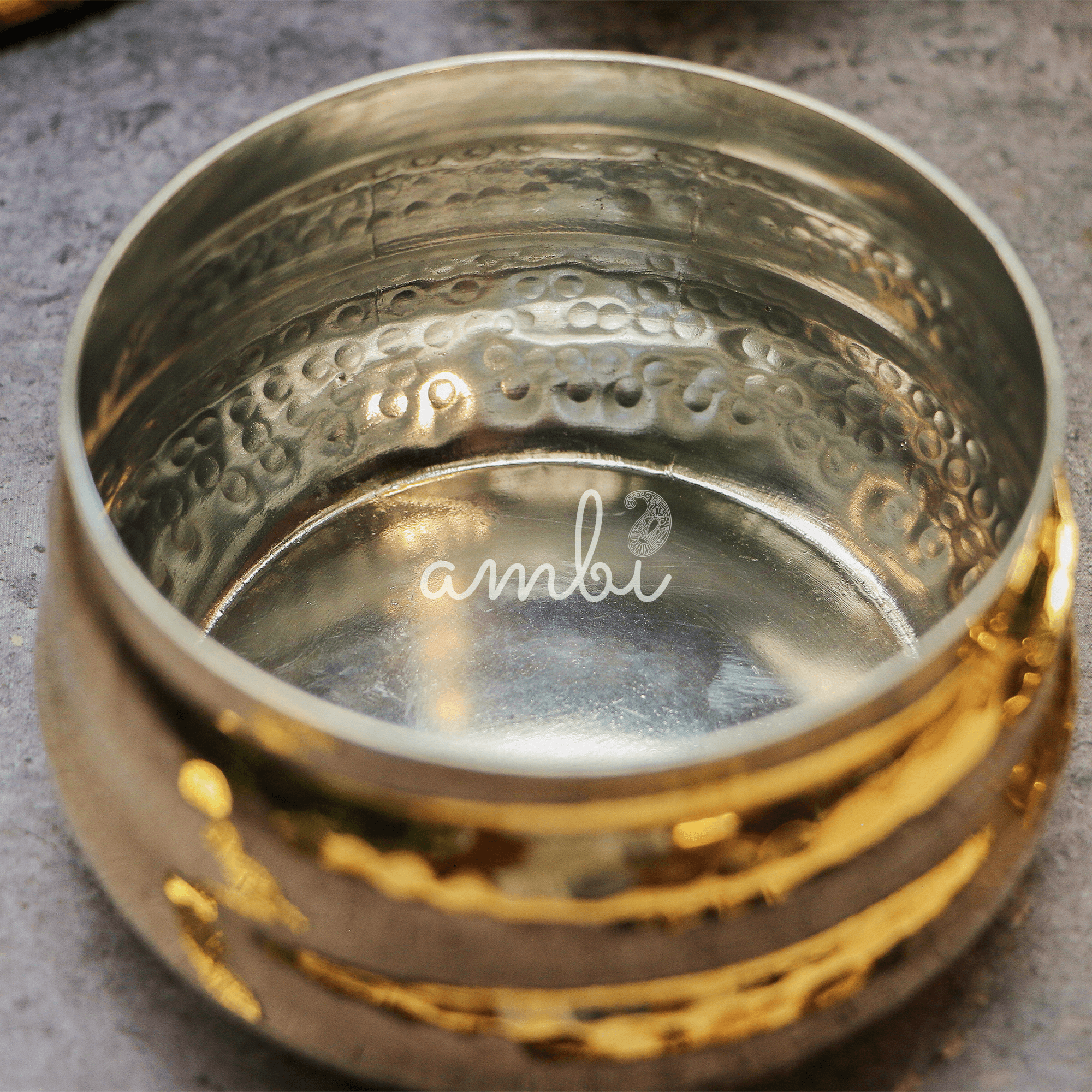 Pure Brass Ghee Pot (Matte) With Spoon - Hammered Gold Finish - Protective Tin Coating Inside - 350 ML
