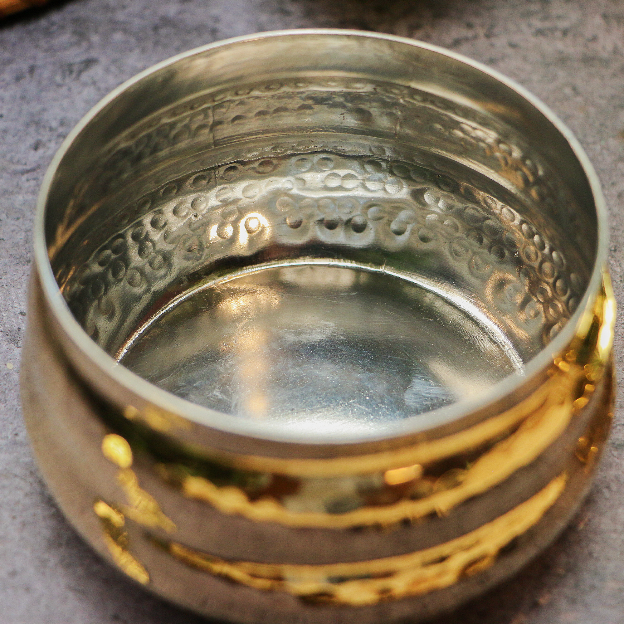 Pure Brass Ghee Pot (Matte) With Spoon - Hammered Gold Finish - Protective Tin Coating Inside