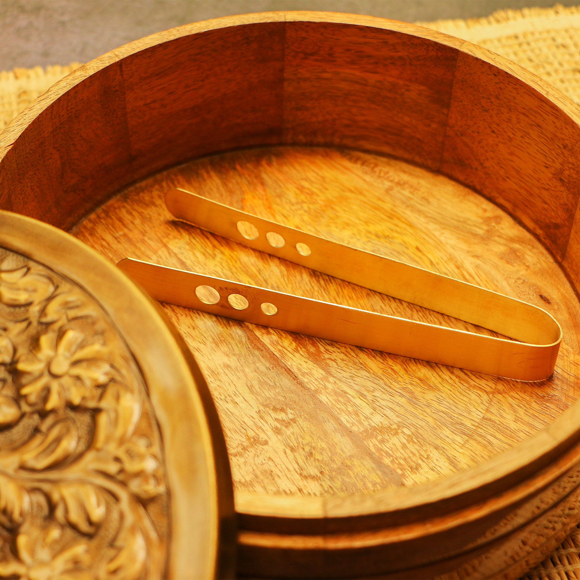 Heavy Brass Work Chapati / Roti Box - 9.5 Inches Diameter with Tongs - Antique Finish