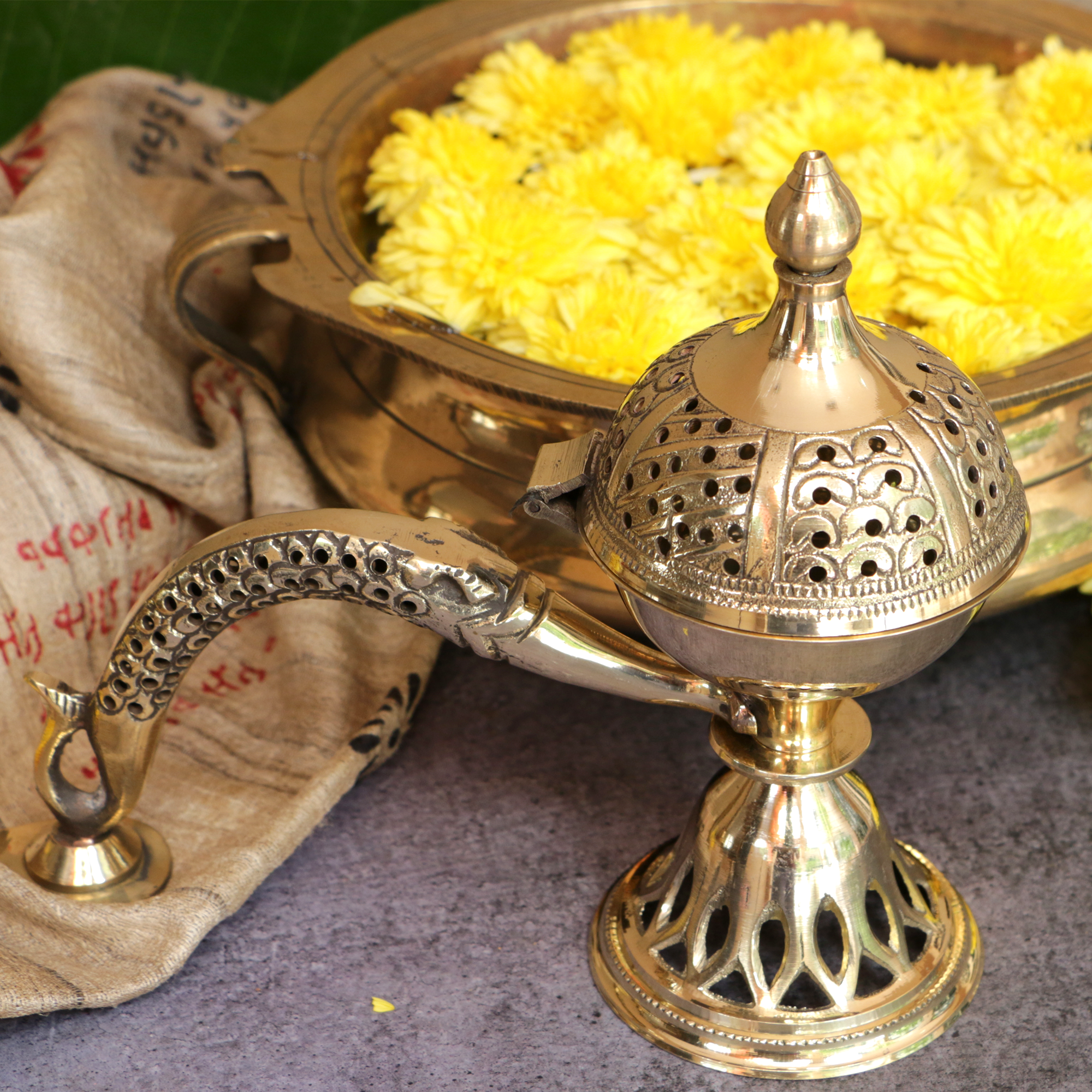 Intricate Brass Dhuni Loban Sambrani Incense Burner with Long Handle - A Masterpiece