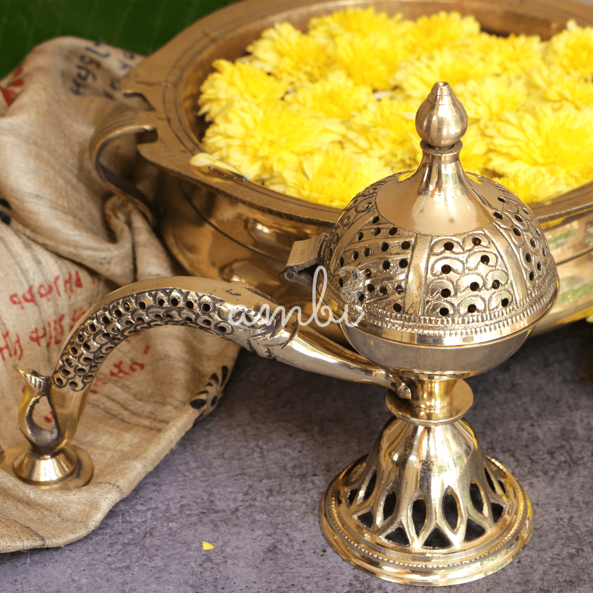 Intricate Brass Dhuni Loban Sambrani Incense Burner with Long Handle - A Masterpiece