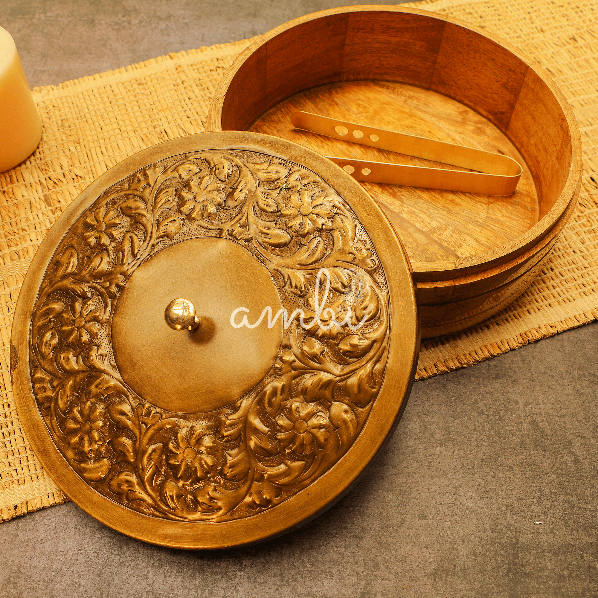 Heavy Brass Work Chapati / Roti Box - 9.5 Inches Diameter with Tongs - Antique Finish