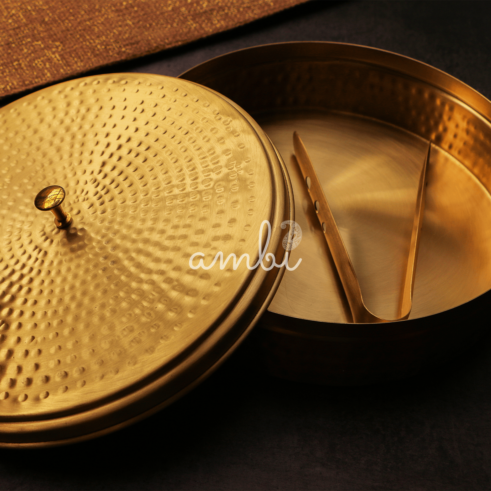 Full Brass Hammered Chapati / Roti Box - 9 Inches Diameter with Tongs
