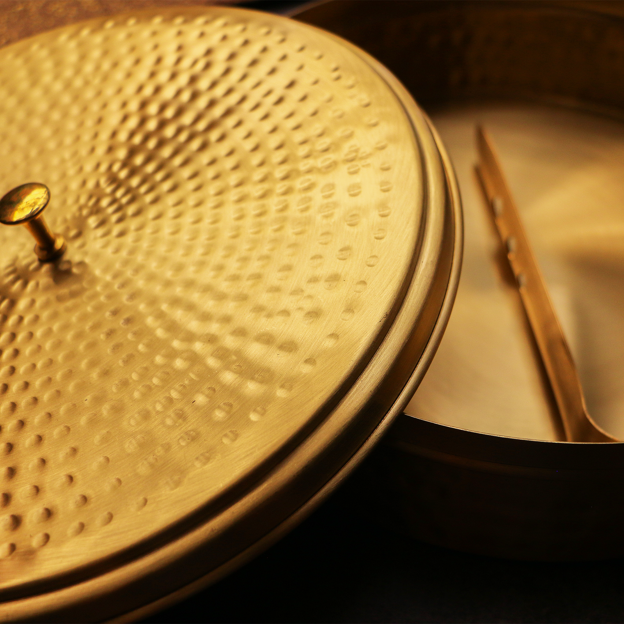 Full Brass Hammered Chapati / Roti Box - 9 Inches Diameter with Tongs