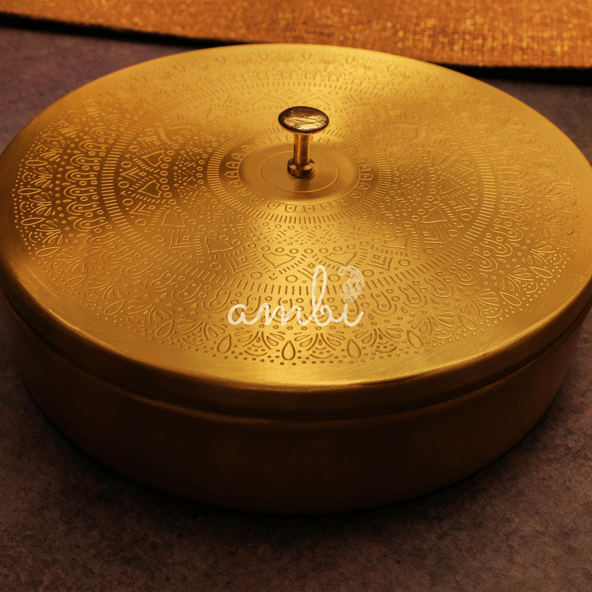Finely Etched Brass Spice Chest Masala Daani (7 Containers) - Mandala Pattern - 8.3 Inche