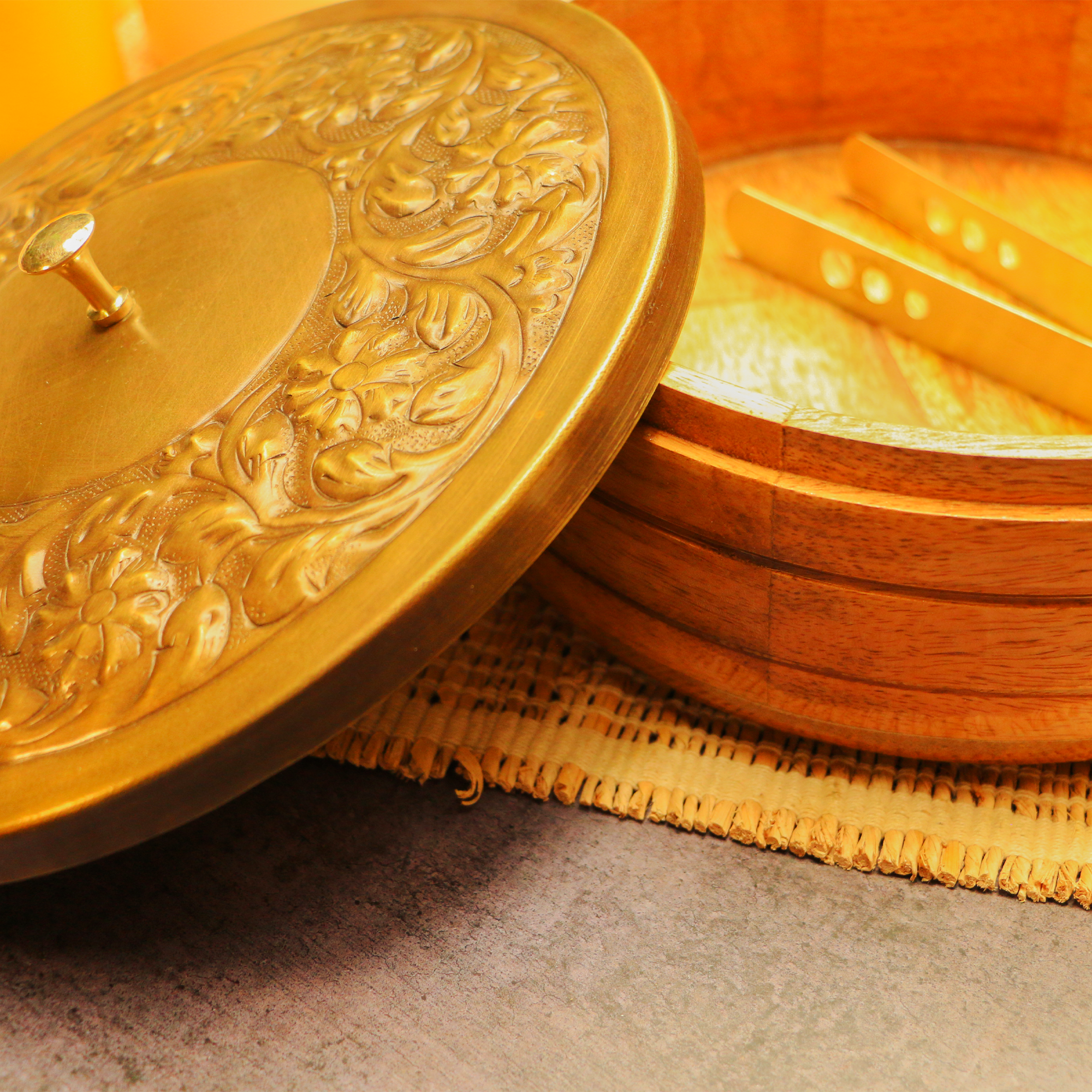 Heavy Brass Work Chapati / Roti Box - 9.5 Inches Diameter with Tongs - Antique Finish