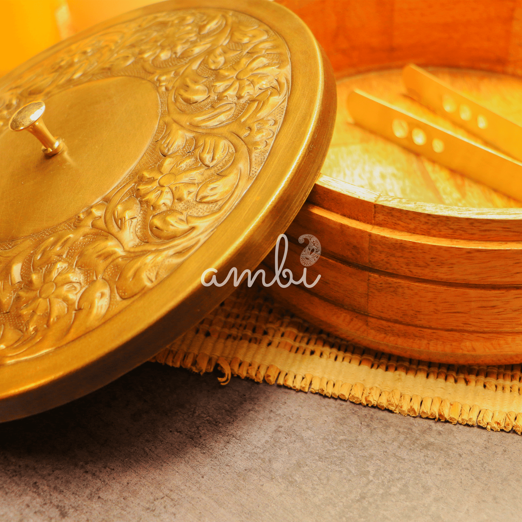 Heavy Brass Work Chapati / Roti Box - 9.5 Inches Diameter with Tongs - Antique Finish