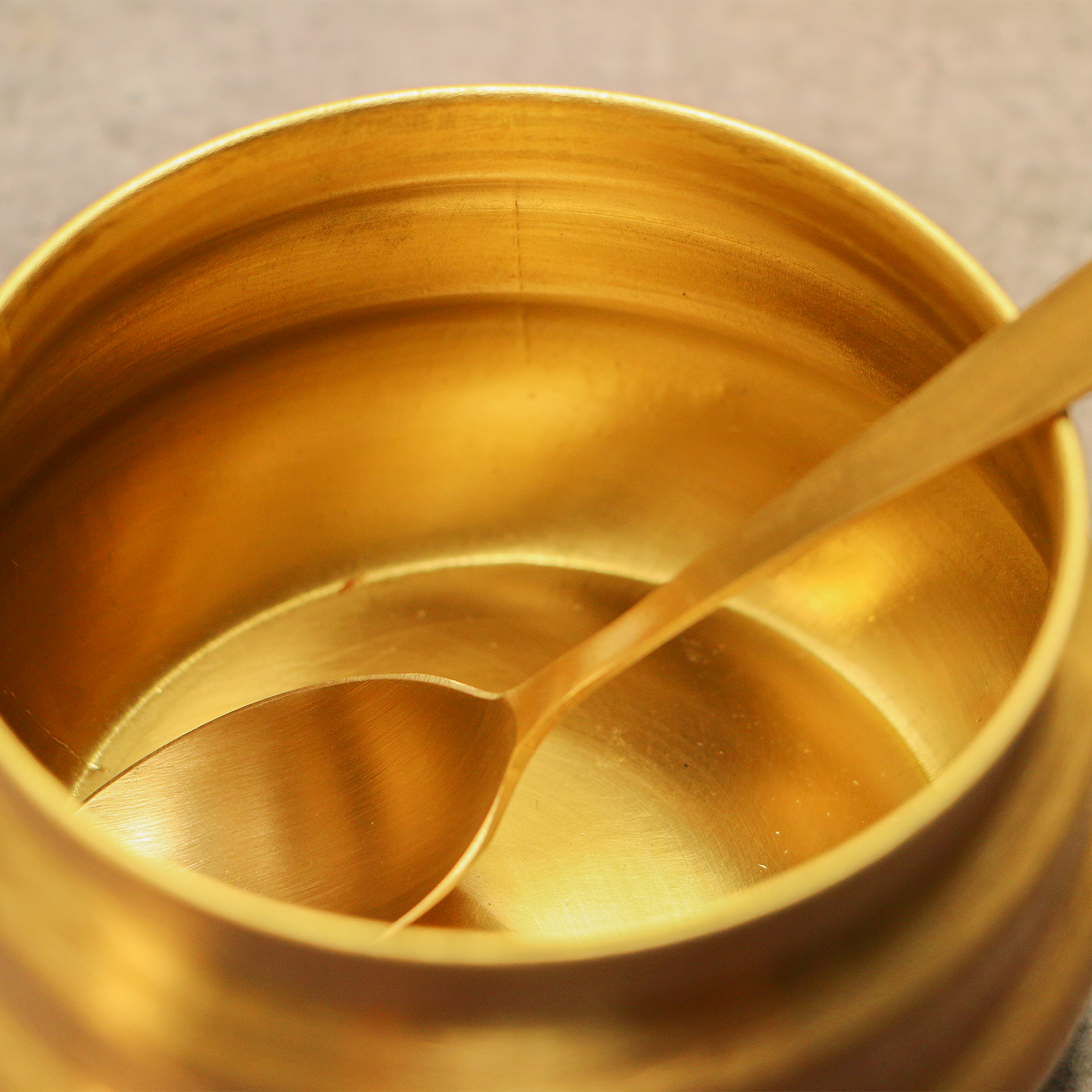 Pure Brass Ghee Pot With Spoon - Gold Finish / Transparent Top