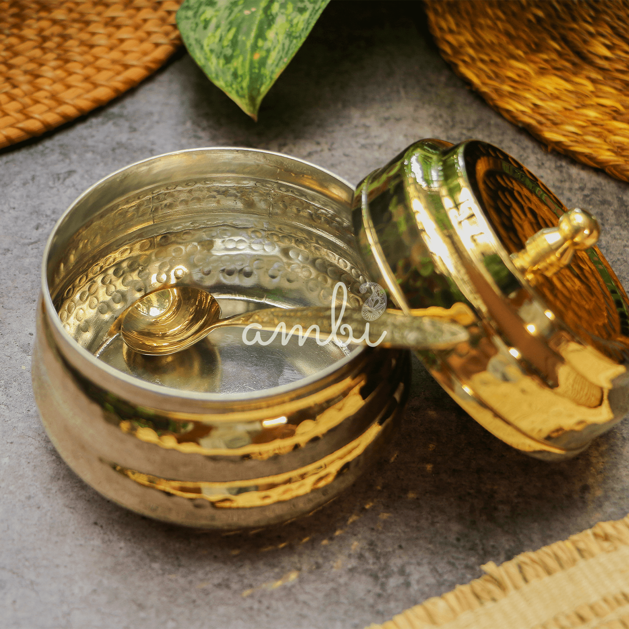 Pure Brass Ghee Pot (Matte) With Spoon - Hammered Gold Finish - Protective Tin Coating Inside - 350 ML