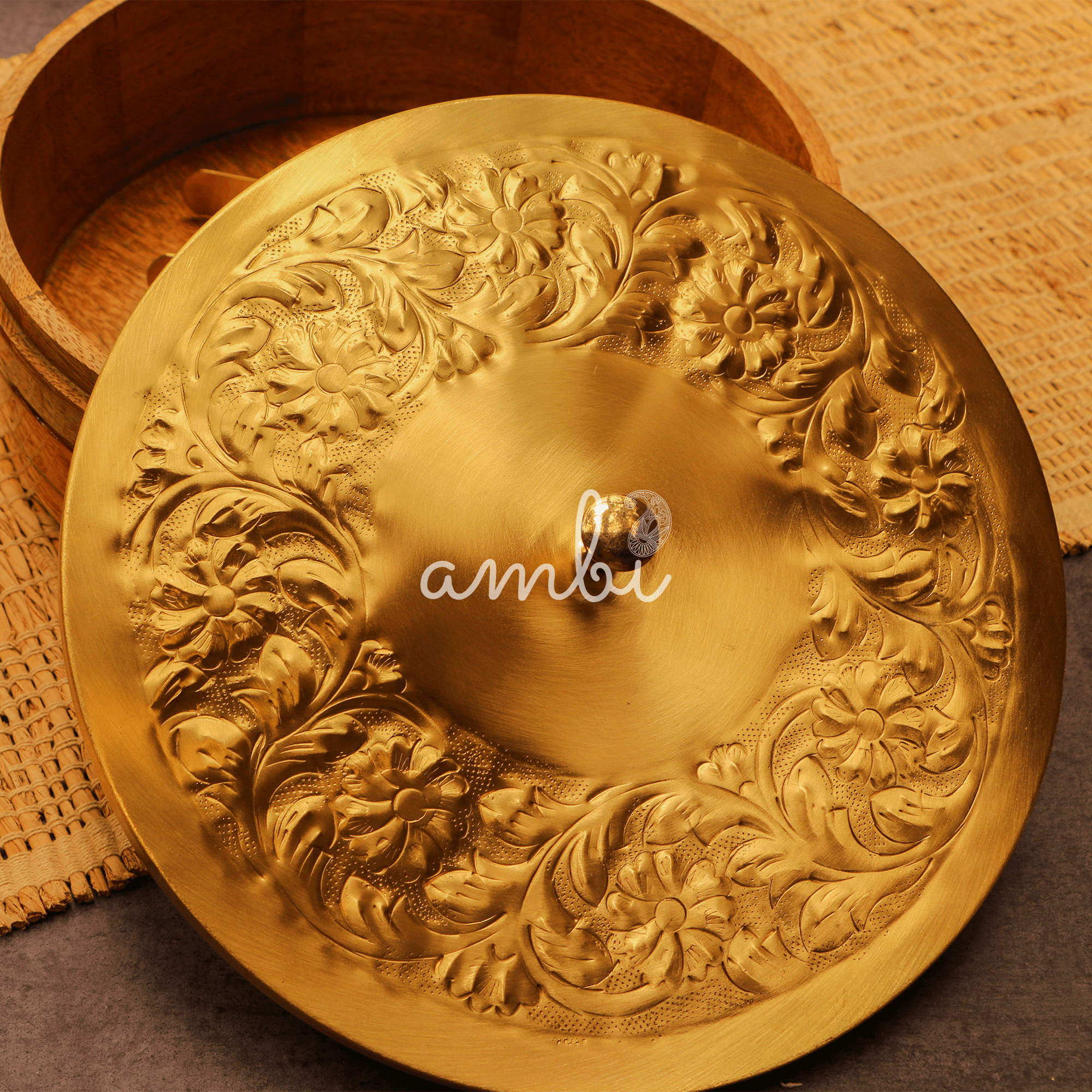 Heavy Brass Work Chapati / Roti Box - 9.5 Inches Diameter with Tongs - Gold Finish