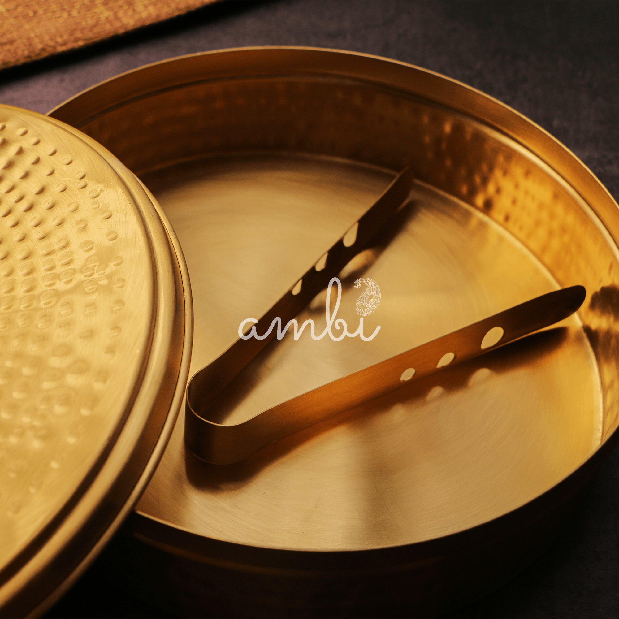 Full Brass Hammered Chapati / Roti Box - 9 Inches Diameter with Tongs