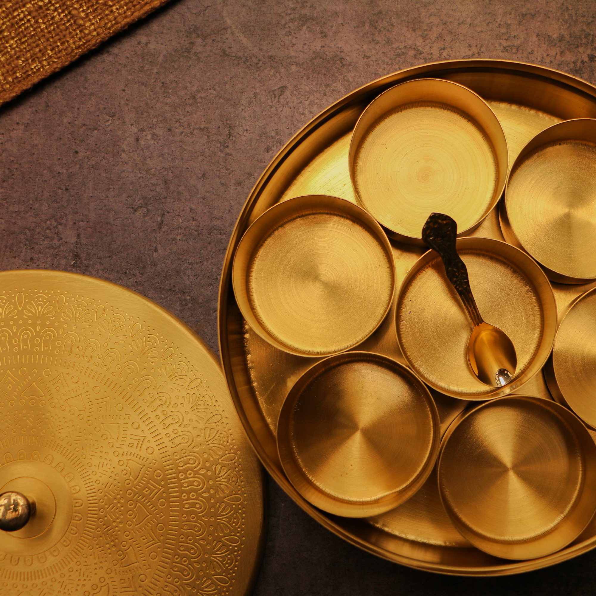 Finely Etched Brass Spice Chest Masala Daani (7 Containers) - Mandala Pattern - 8.3 Inche