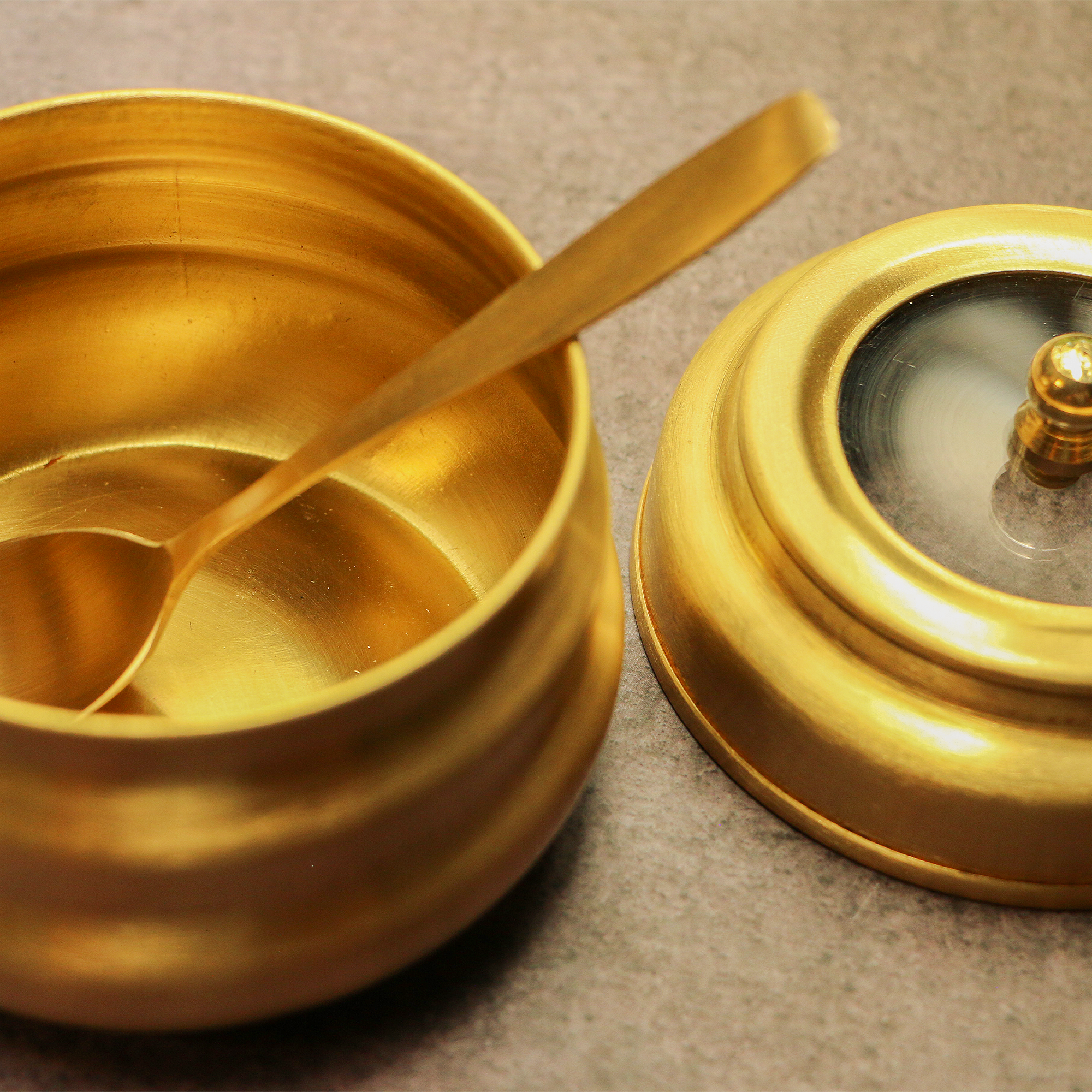 Pure Brass Ghee Pot With Spoon - Gold Finish / Transparent Top