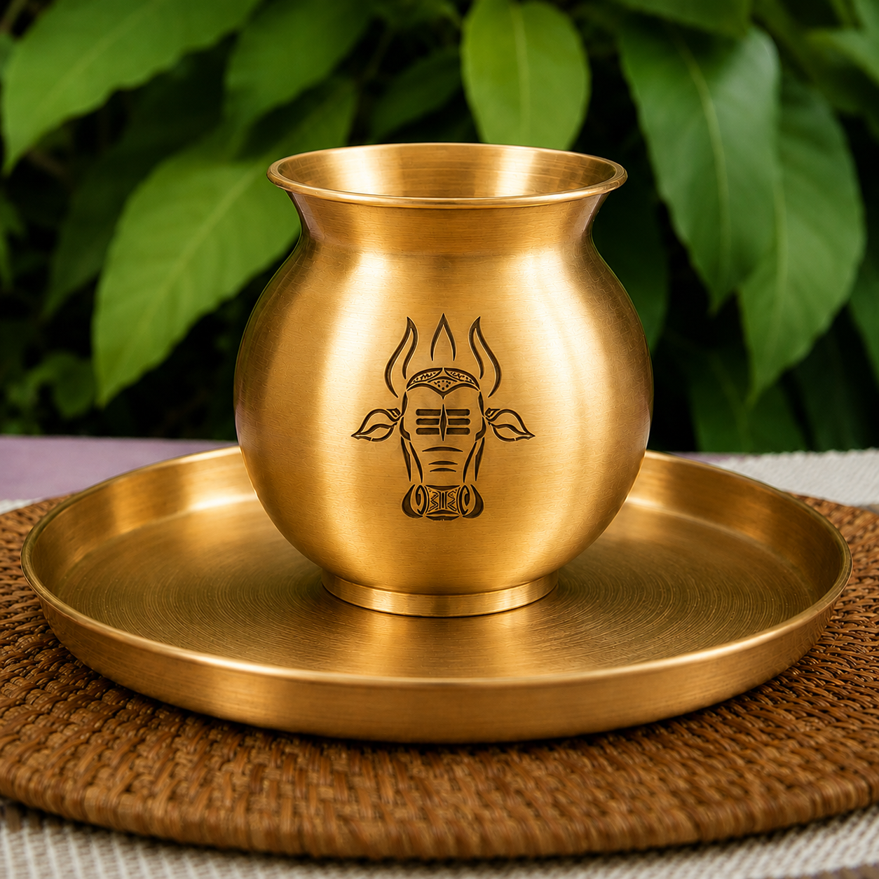 A brass-colored metal cup with a matching shallow tray, featuring an engraved Nandi head symbol on the cup, set against a background of green leaves.