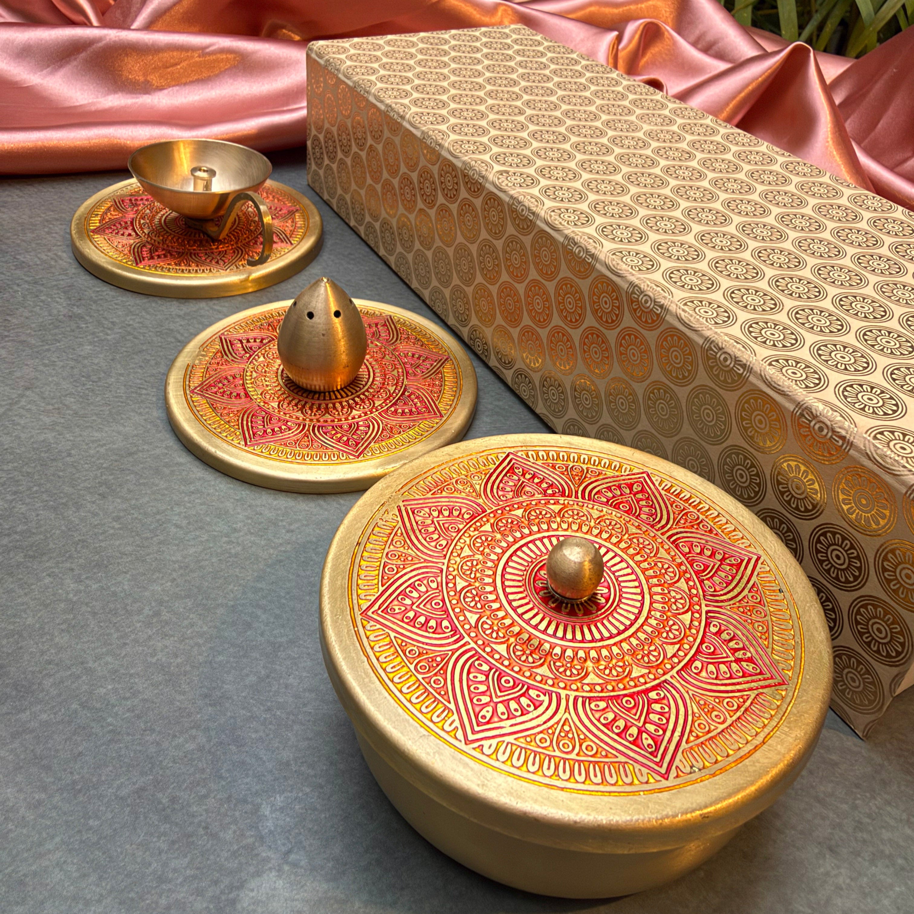 Ambi Pure Brass Mandala Pooja Essentials Set | Diya, Incense Holder& Multipurpose Box |
