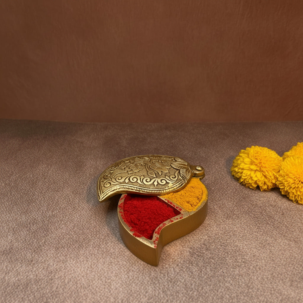 Ambi Brass Kumkum Box with Feather Applicator | Pooja Accessory