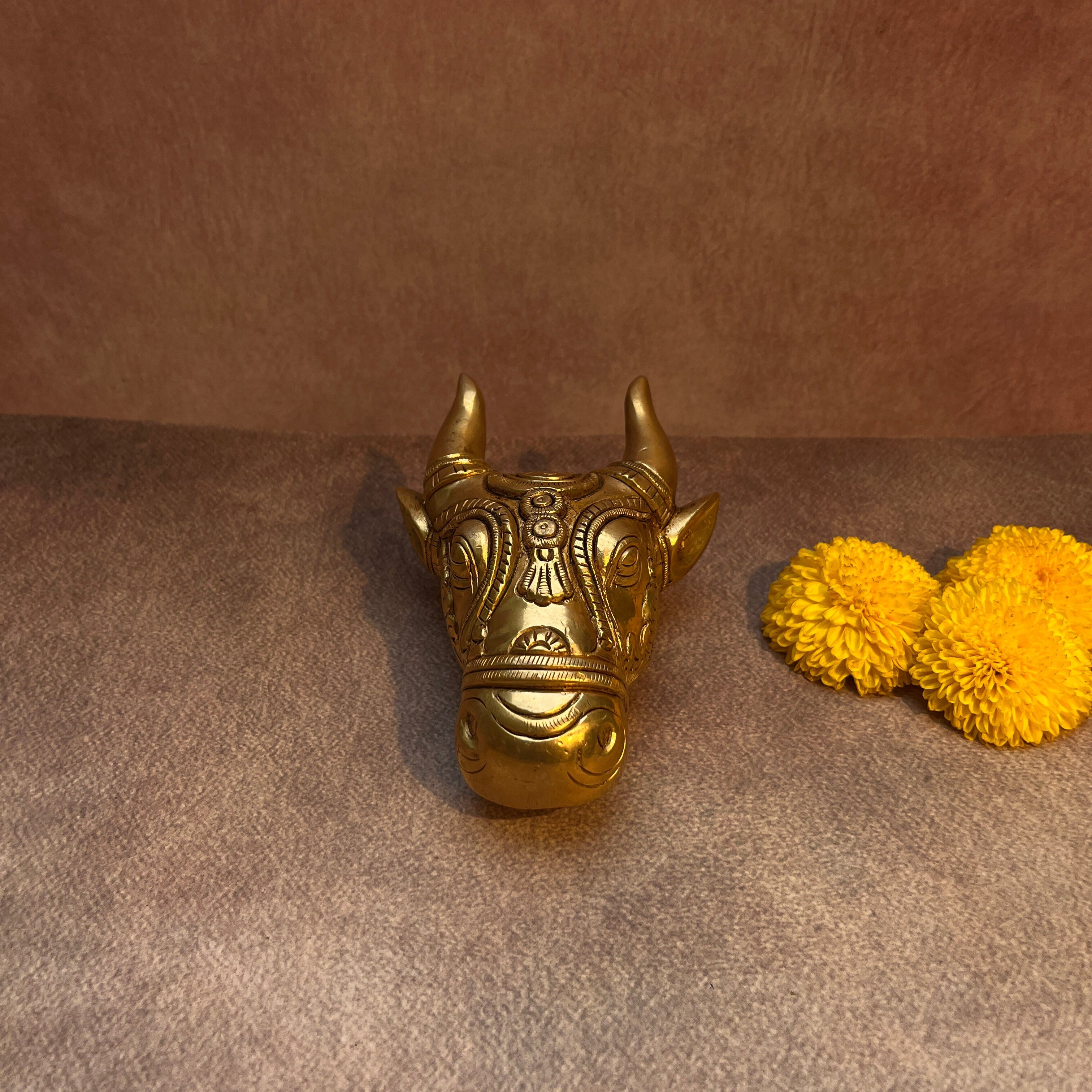 Ambi Pure Brass Nandikeshvara / Nandideva Face Sculpture (Antique Gold Finish)