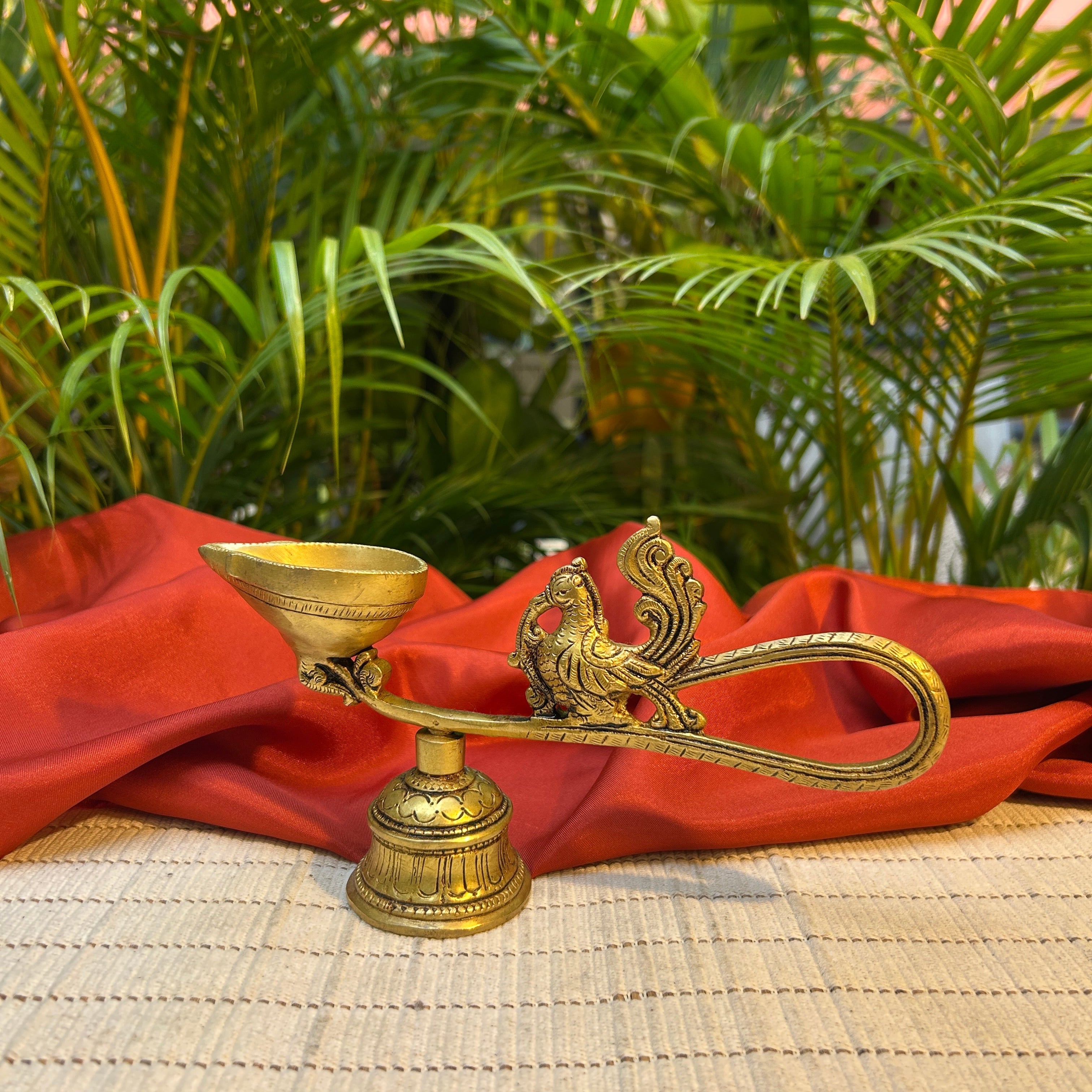 Ambi Handcrafted Pure Brass Peacock Deepam with Bell | Traditional Puja Lamp