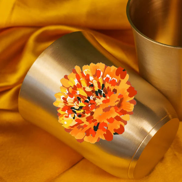 AMBI Gift Box Pure 100% Lead Free Kansa Marigold Hand Painted Finish Water Glass - 275 ML