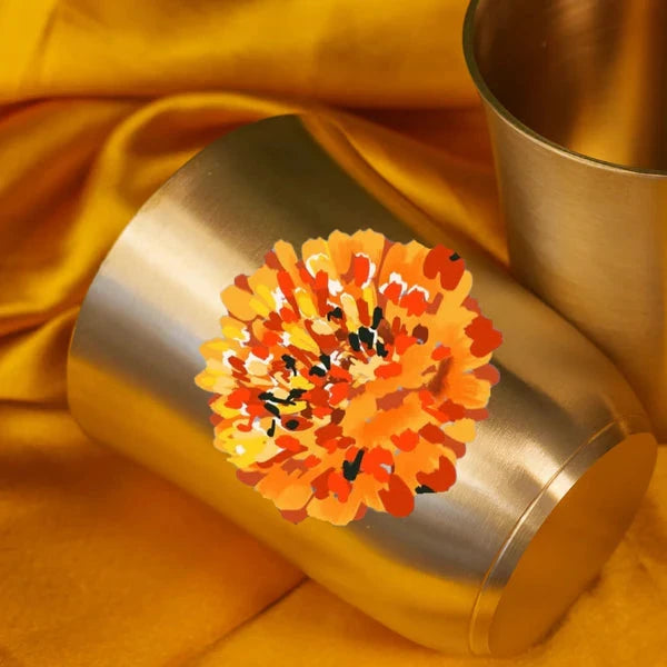 AMBI Gift Box Pure 100% Lead Free Kansa Marigold Hand Painted Finish Water Glass - 275 ML