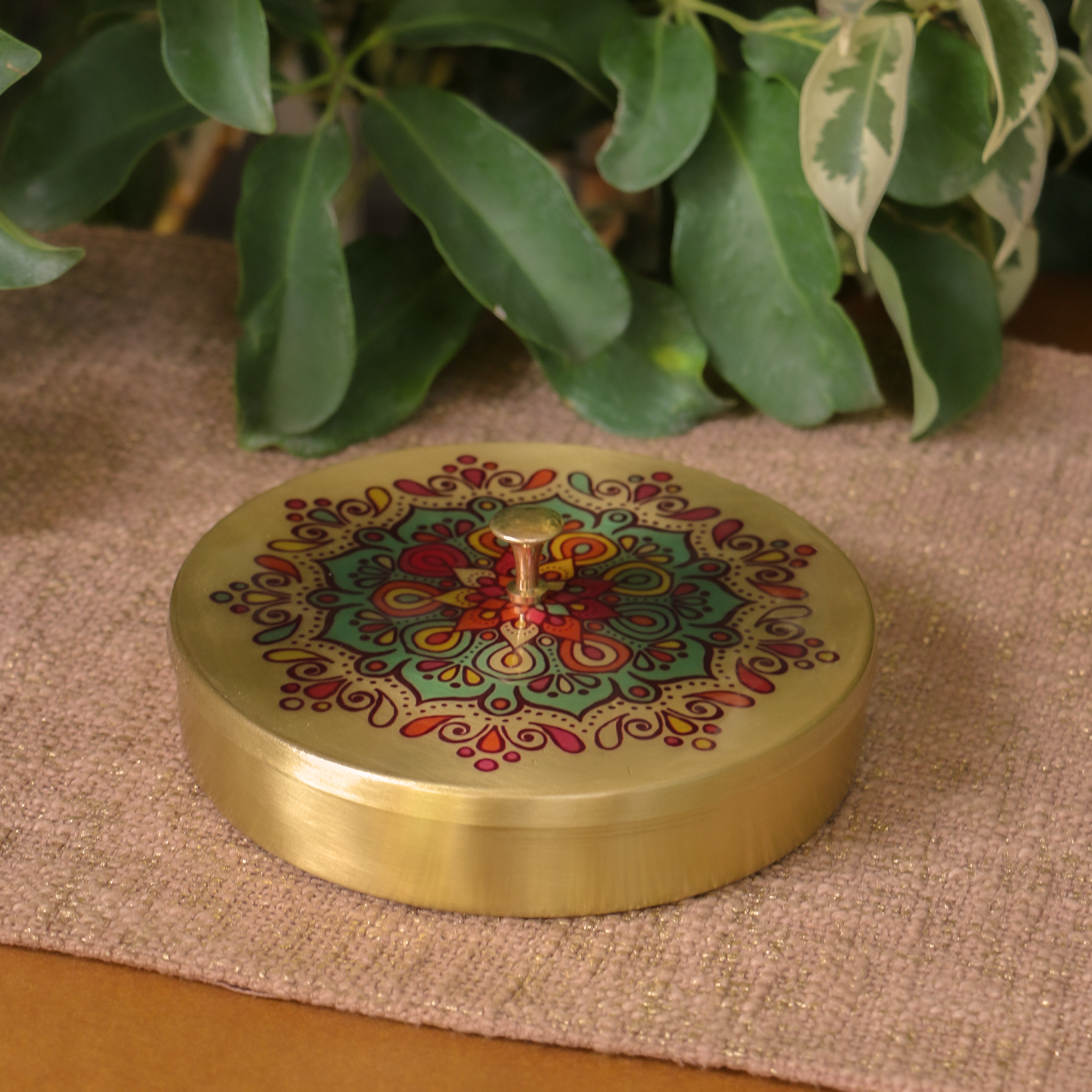 Hand Painted - Pure Brass Floral Storage Box / Cookie Box / Jewellery / Trinket - 6 inches Diameter - Mandala Design