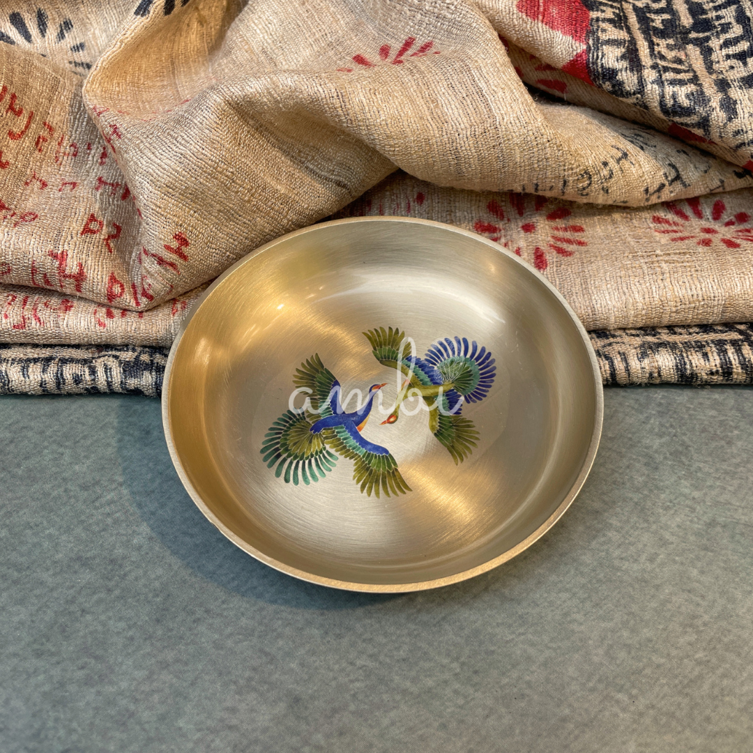 Ambi Pure Kansa Pattachitra Birds Hand Painted Plate – 4 Inch | Dessert & Puja Plate