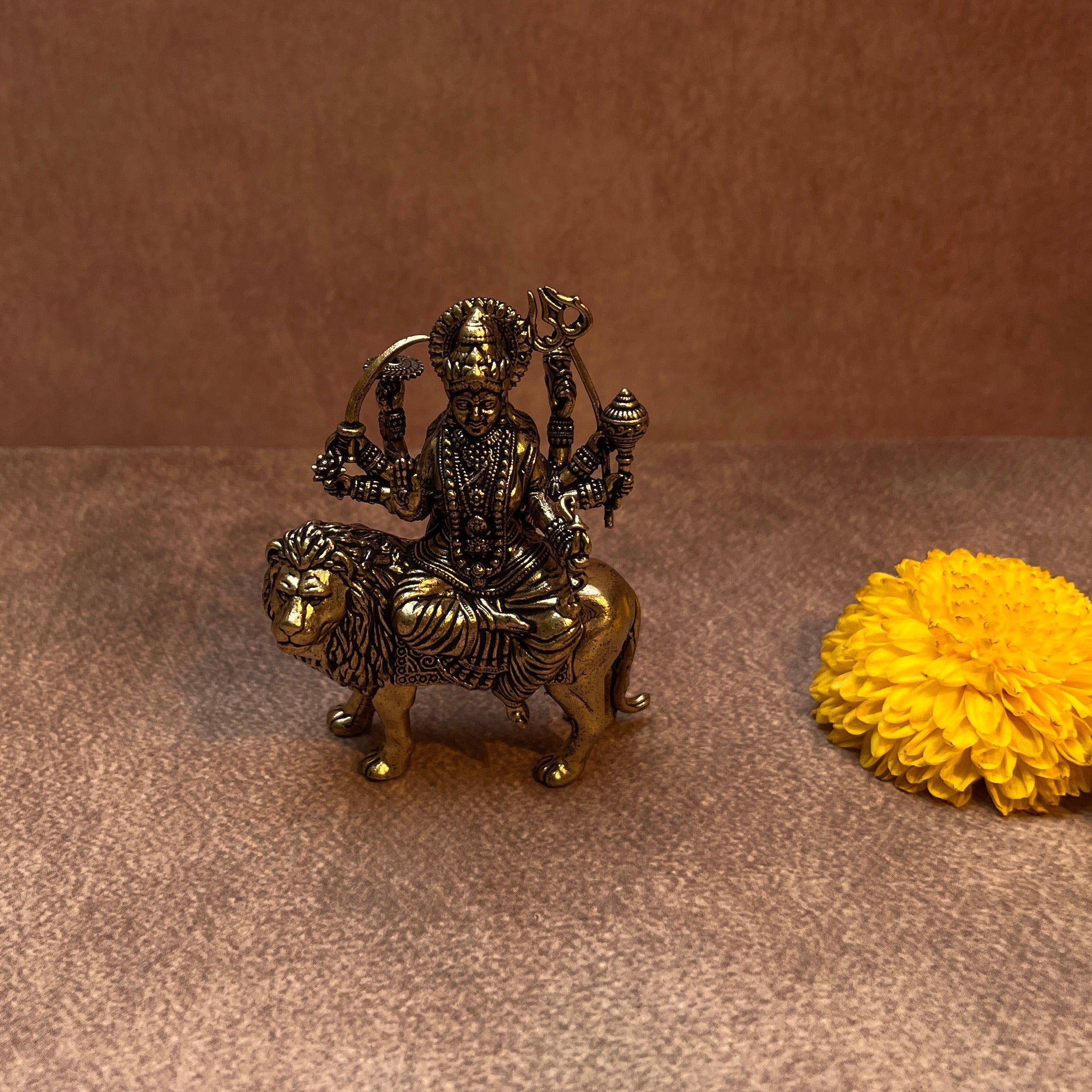 Ambi Pure Brass Simhavahini Durga Idol | Durga Mata on Lion Murti for Home Mandir | 3 Inch Height