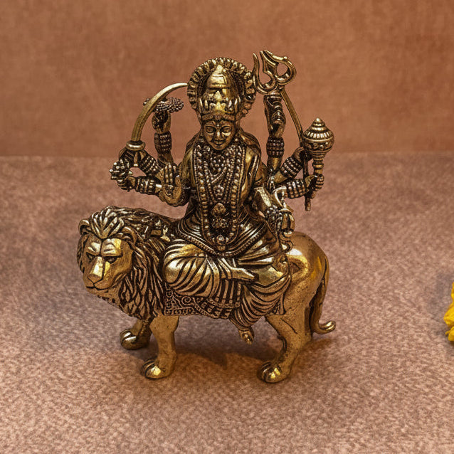 Ambi Pure Brass Simhavahini Durga Idol | Durga Mata on Lion Murti for Home Mandir | 3 Inch - Height
