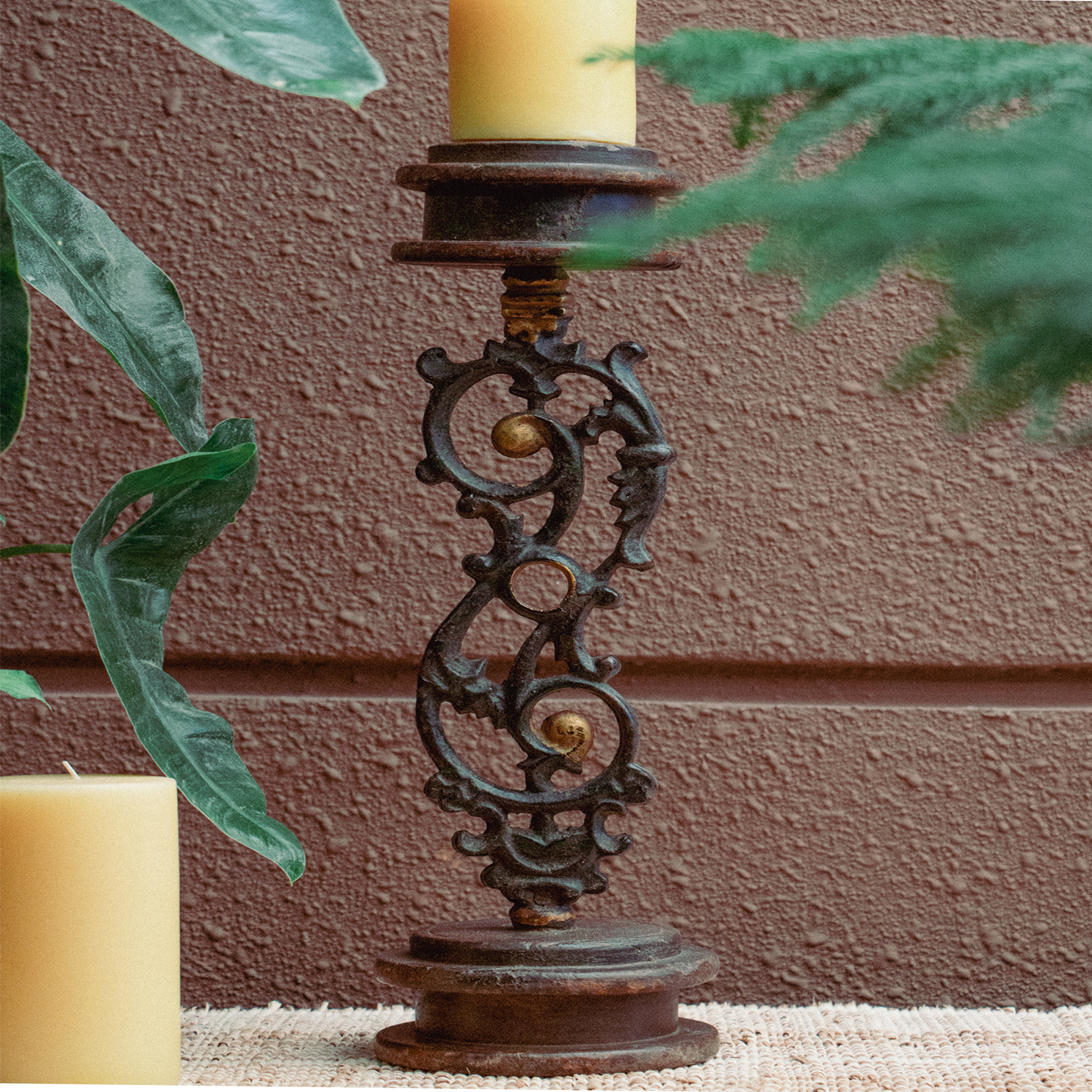 Ambi Vintage Candle Stand — Wrought Iron & Wood | Heritage Home Décor
