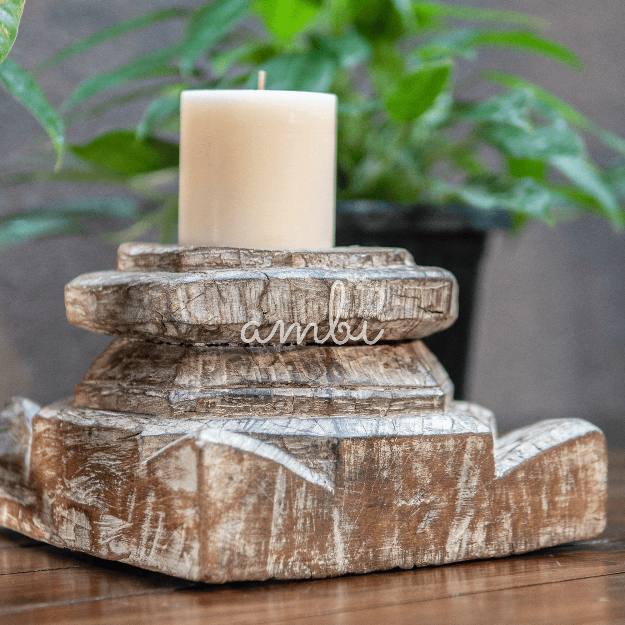 Vintage Wooden Distressed Candle Stand in White