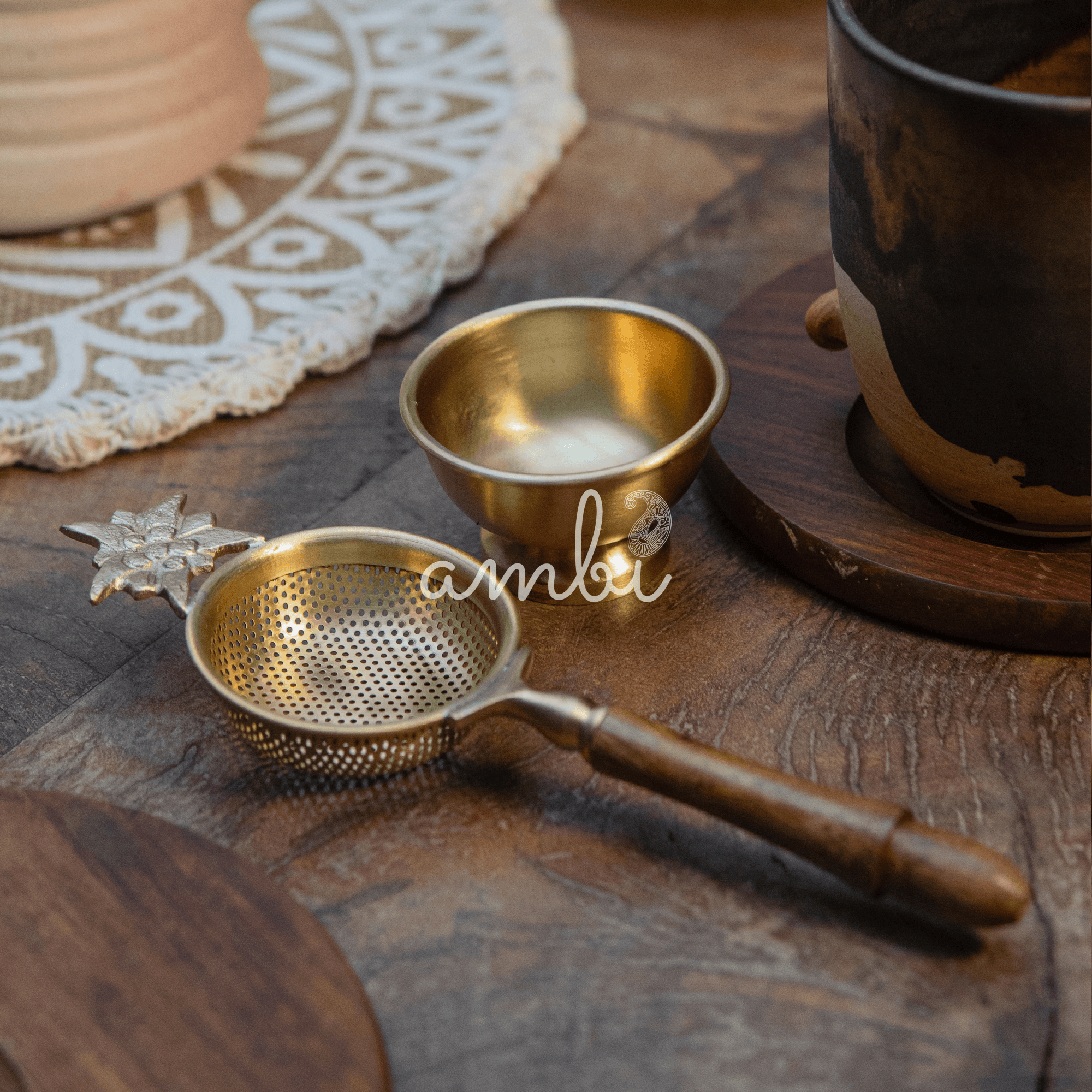 Gold Flower Matte Finish Brass Medium Sized Tea Strainer 2 Piece Set With Wooden Holder and Resting Pot