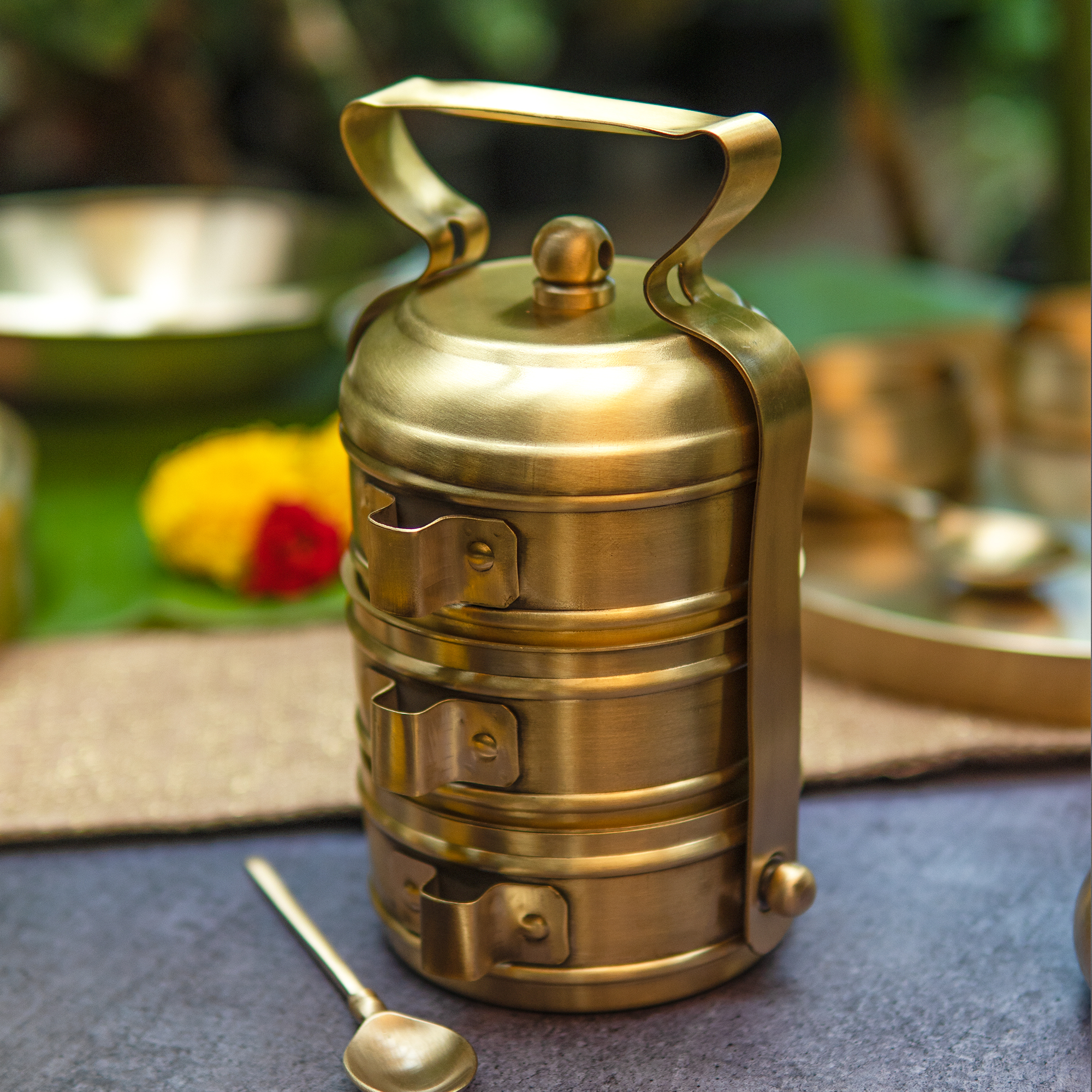 Super Elegant Pure Brass Three Tier Tiffin Set in Matte Finish with Spoon