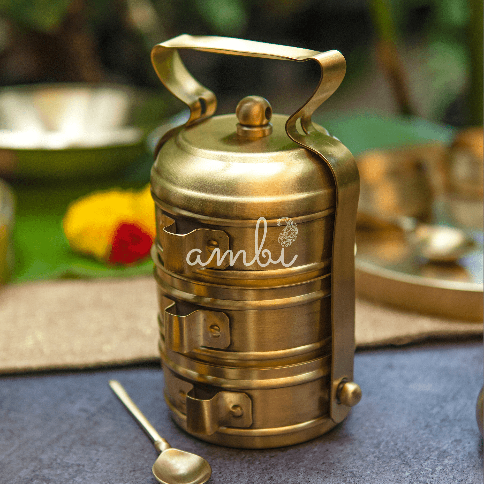 Super Elegant Pure Brass Three Tier Tiffin Set in Matte Finish with Spoon