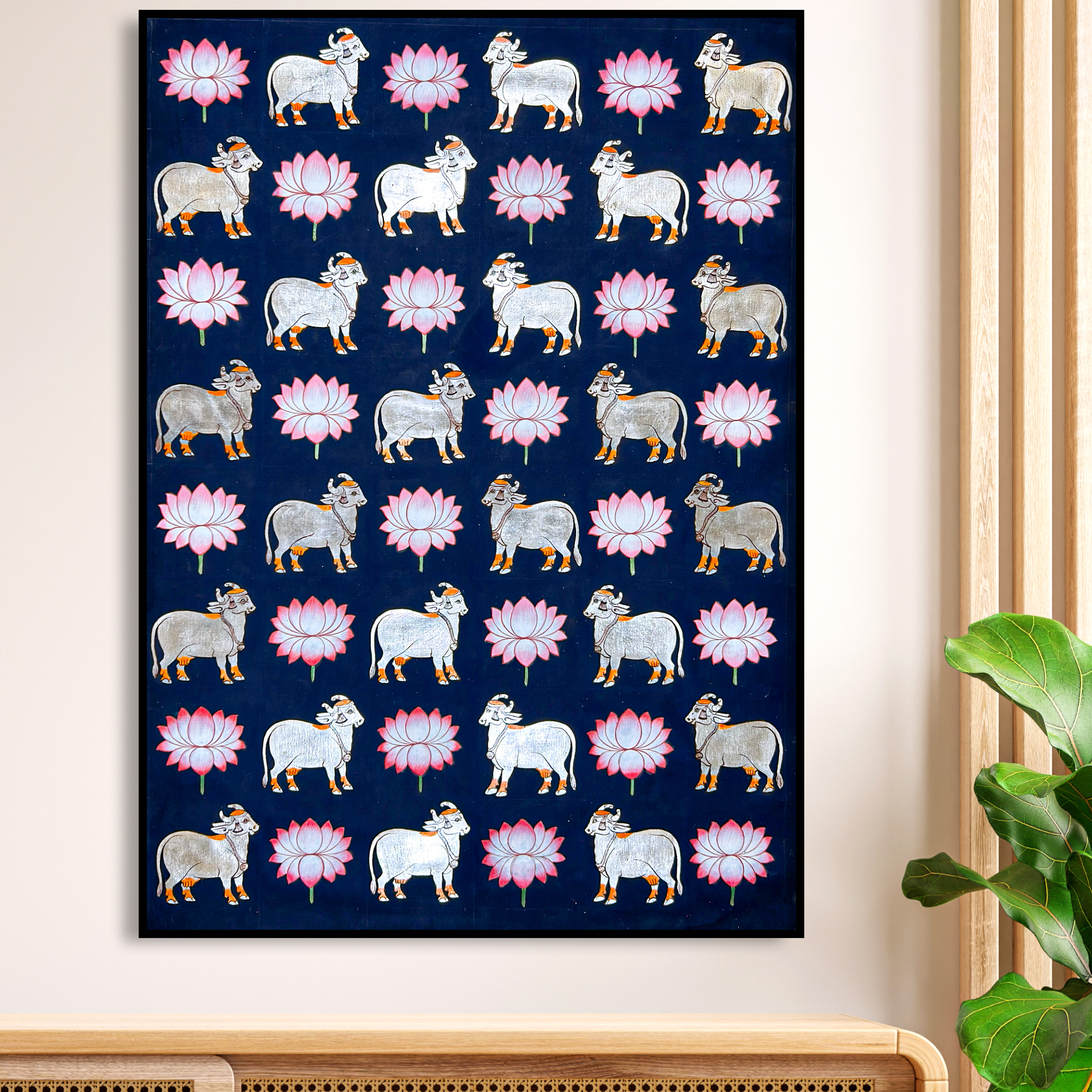2026 - Handmade Pichwai Art -Shreenathji Silver Cows on Dark Blue background painting