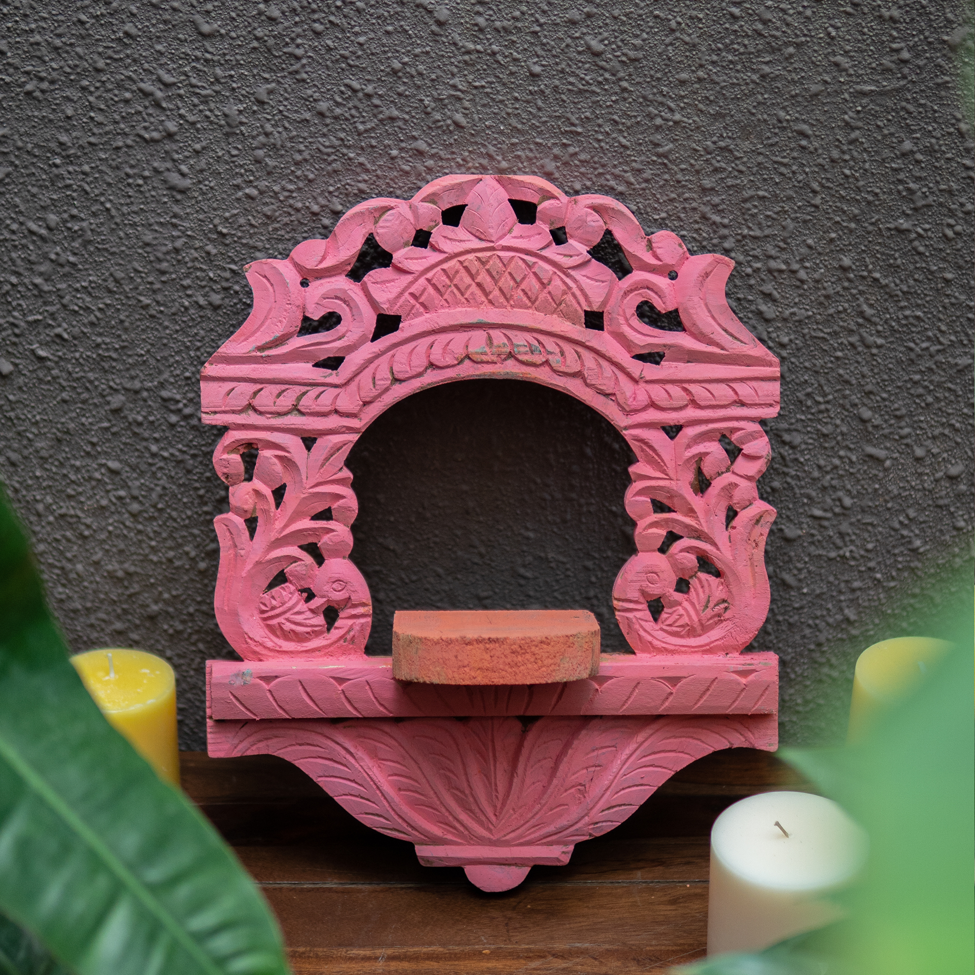 Wooden Medium Jharoka With Candle Space in Pink(Frame in Pink)