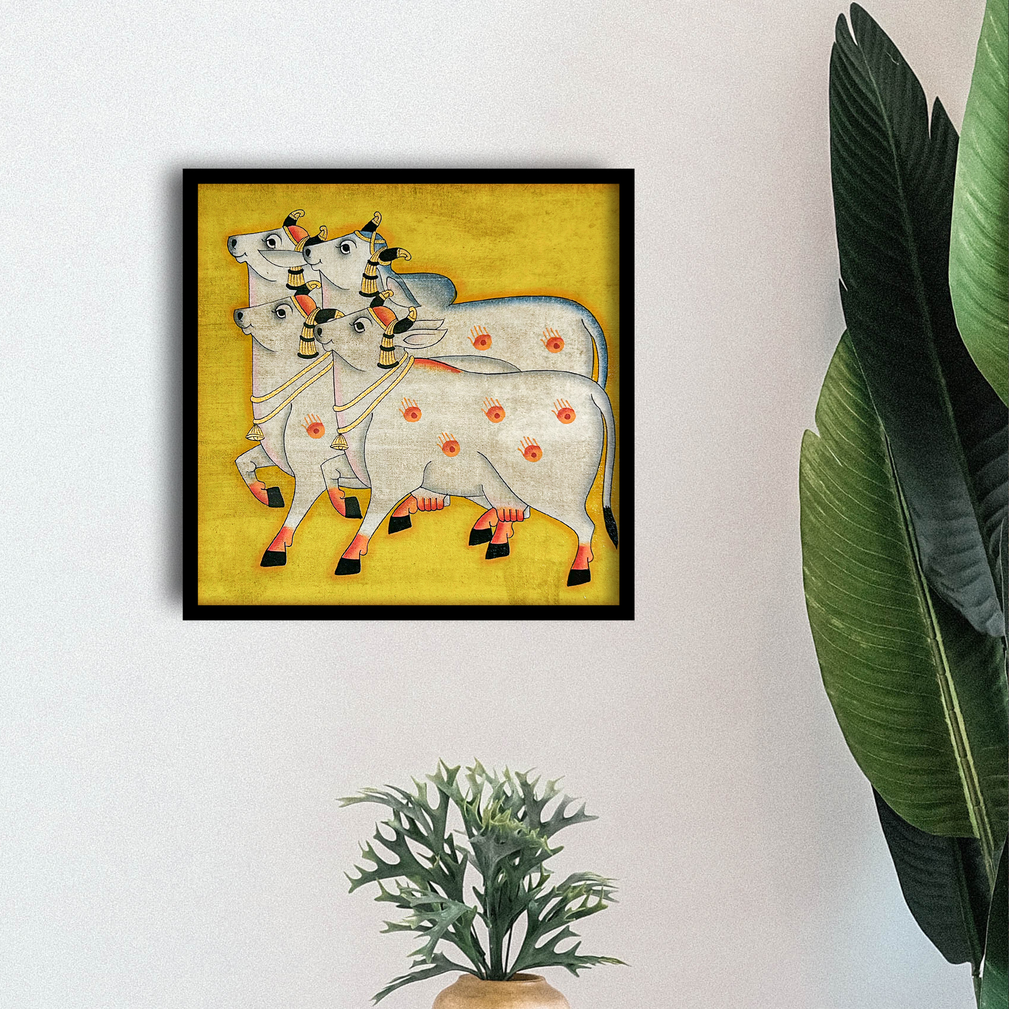 Handmade Pichwai Painting Celebrating Kamadhenu with Frame