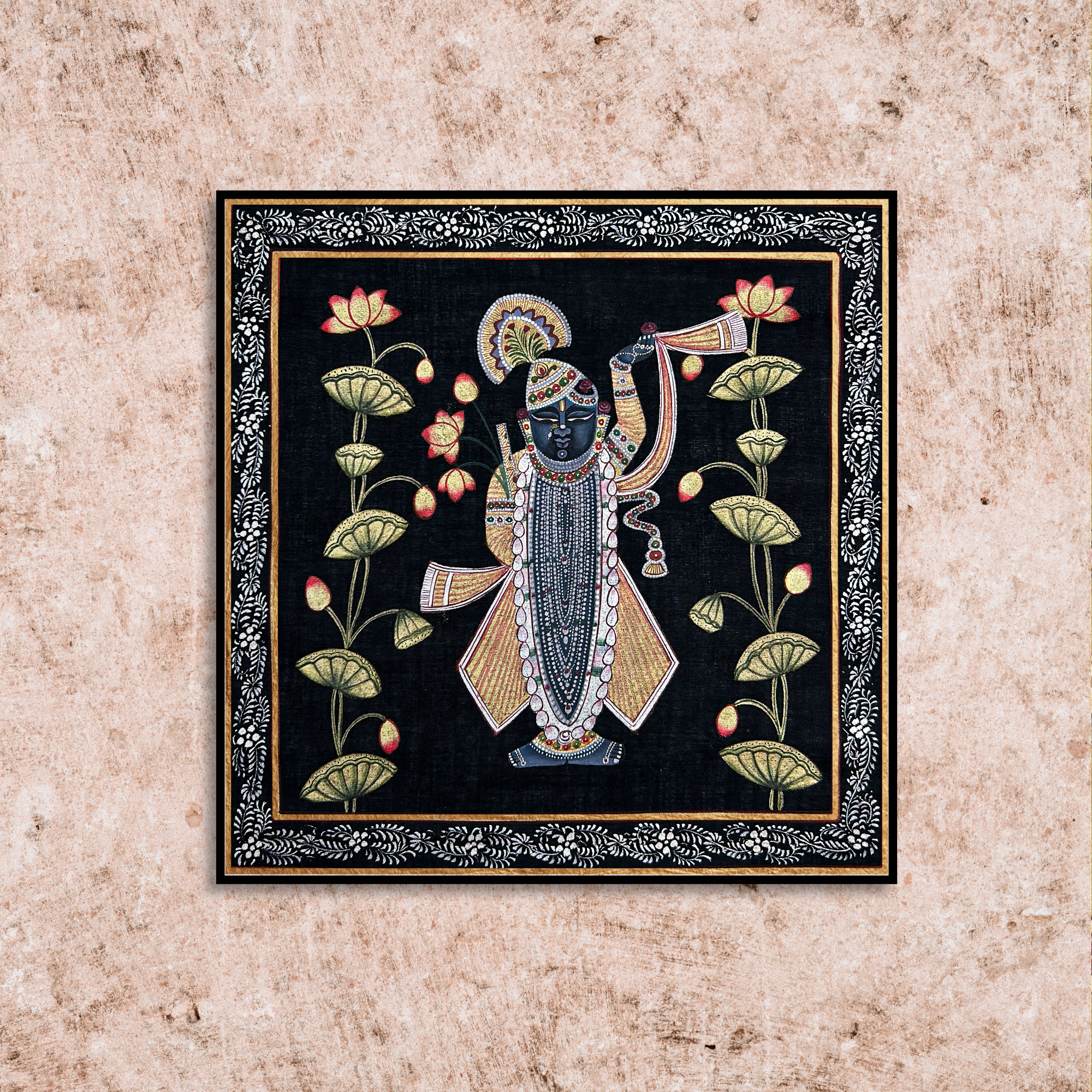 2025 Pichwai Art - Handmade Shreenathji and Lotus Flowers Painting