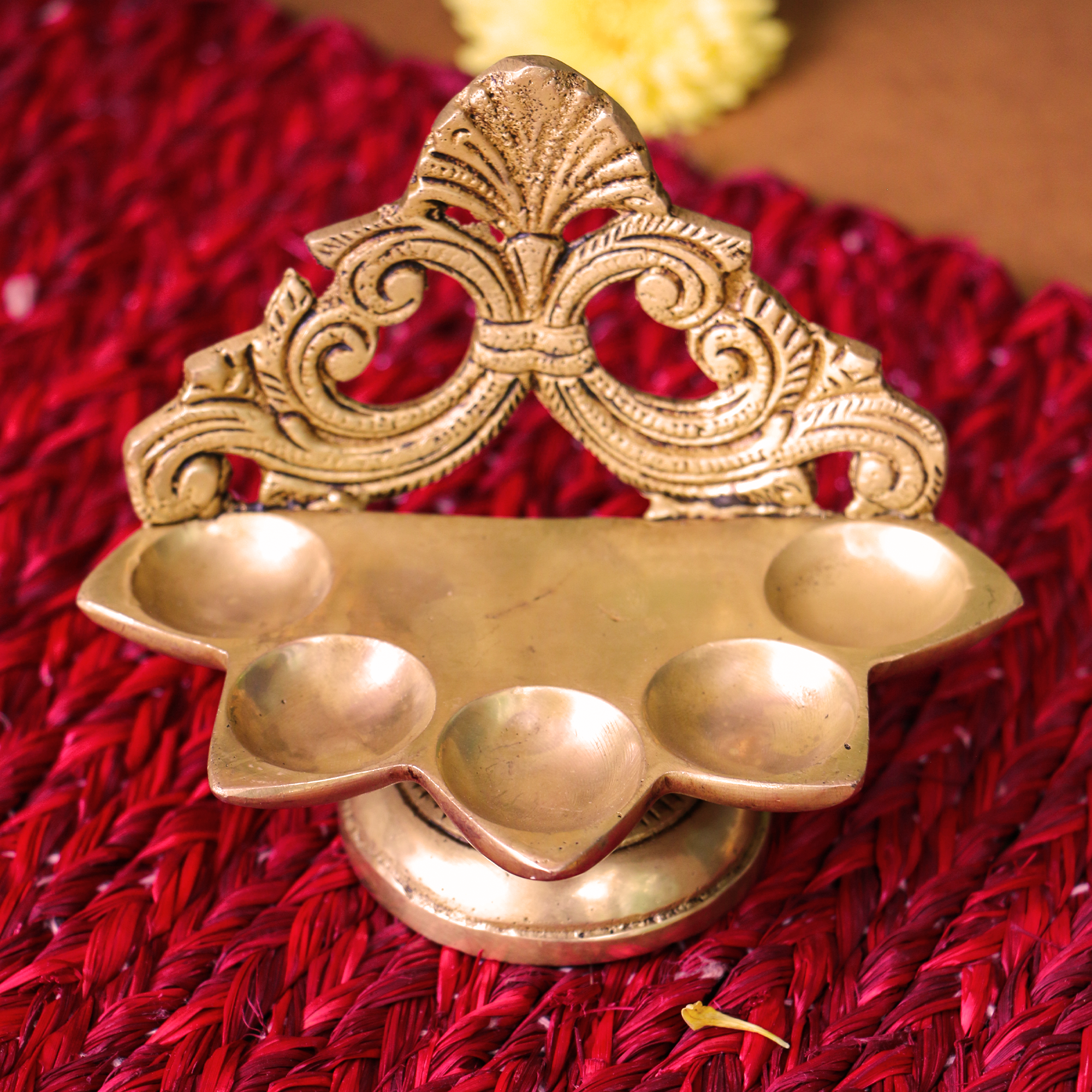 Pure Brass Antique Singhasan Panchmukhi Diya - 4 inches height - Heavy Make