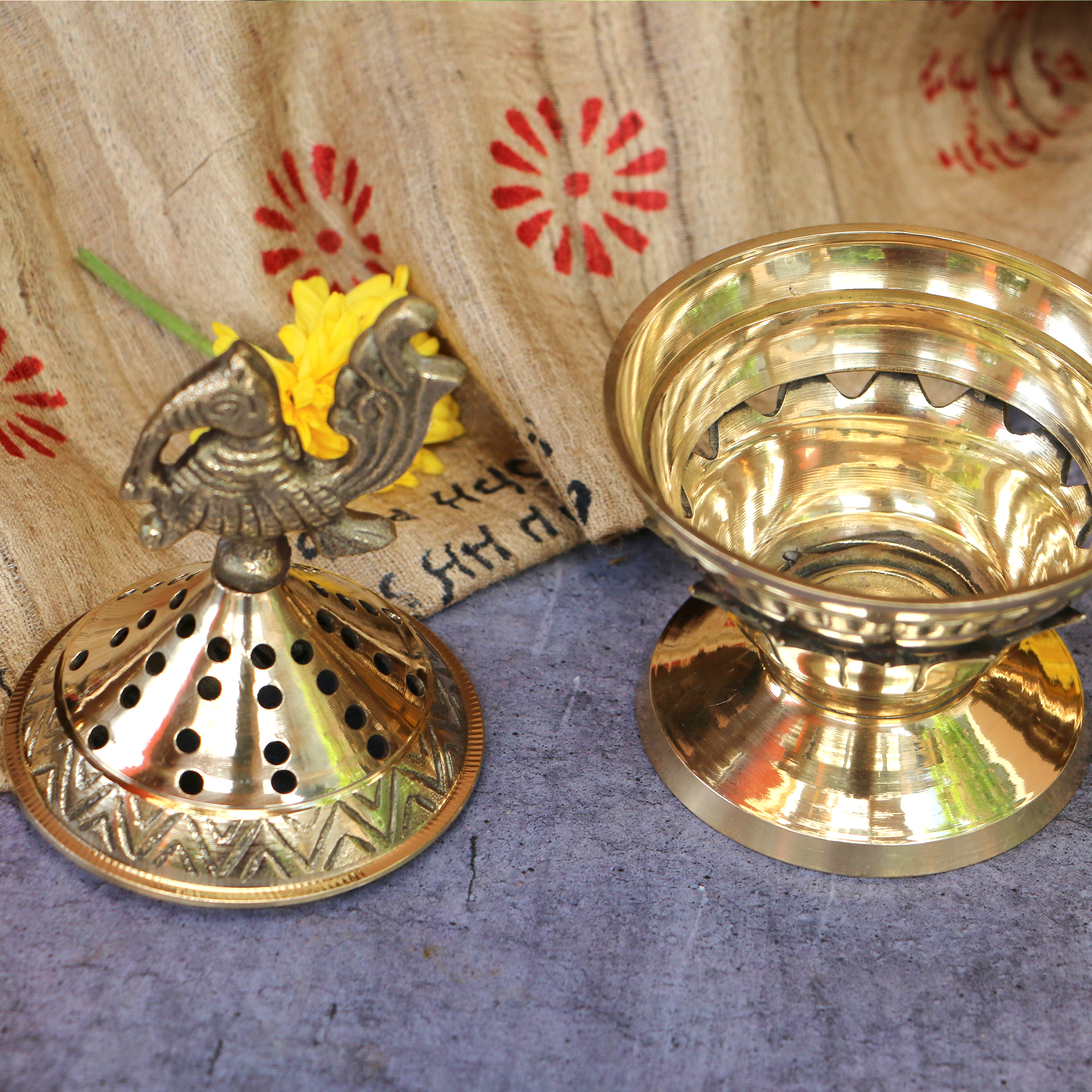 Lotus Base Peacock Top Brass Dhuni Loban Sambrani Incense Burner (small)