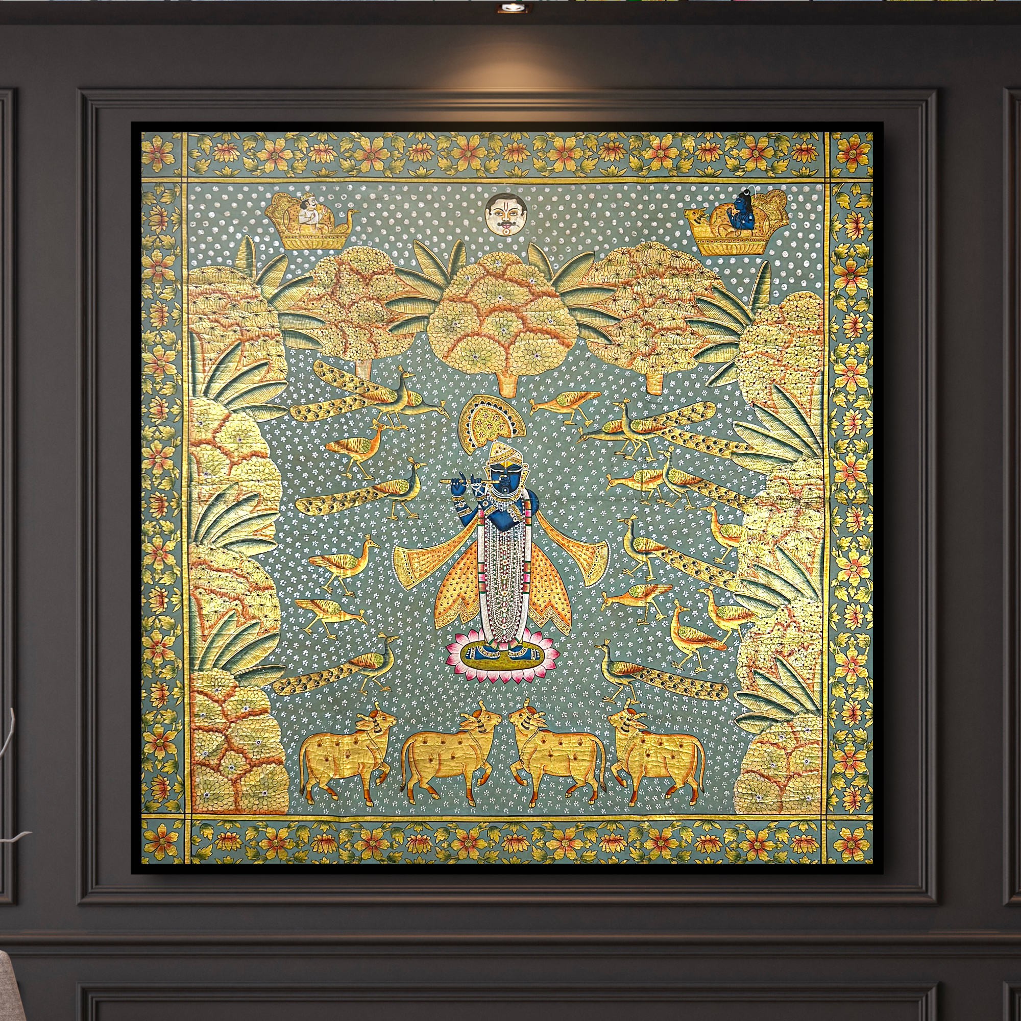 2026 - Pichwai Art - Handmade - Shreenathji with Cows and Peacocks Painting