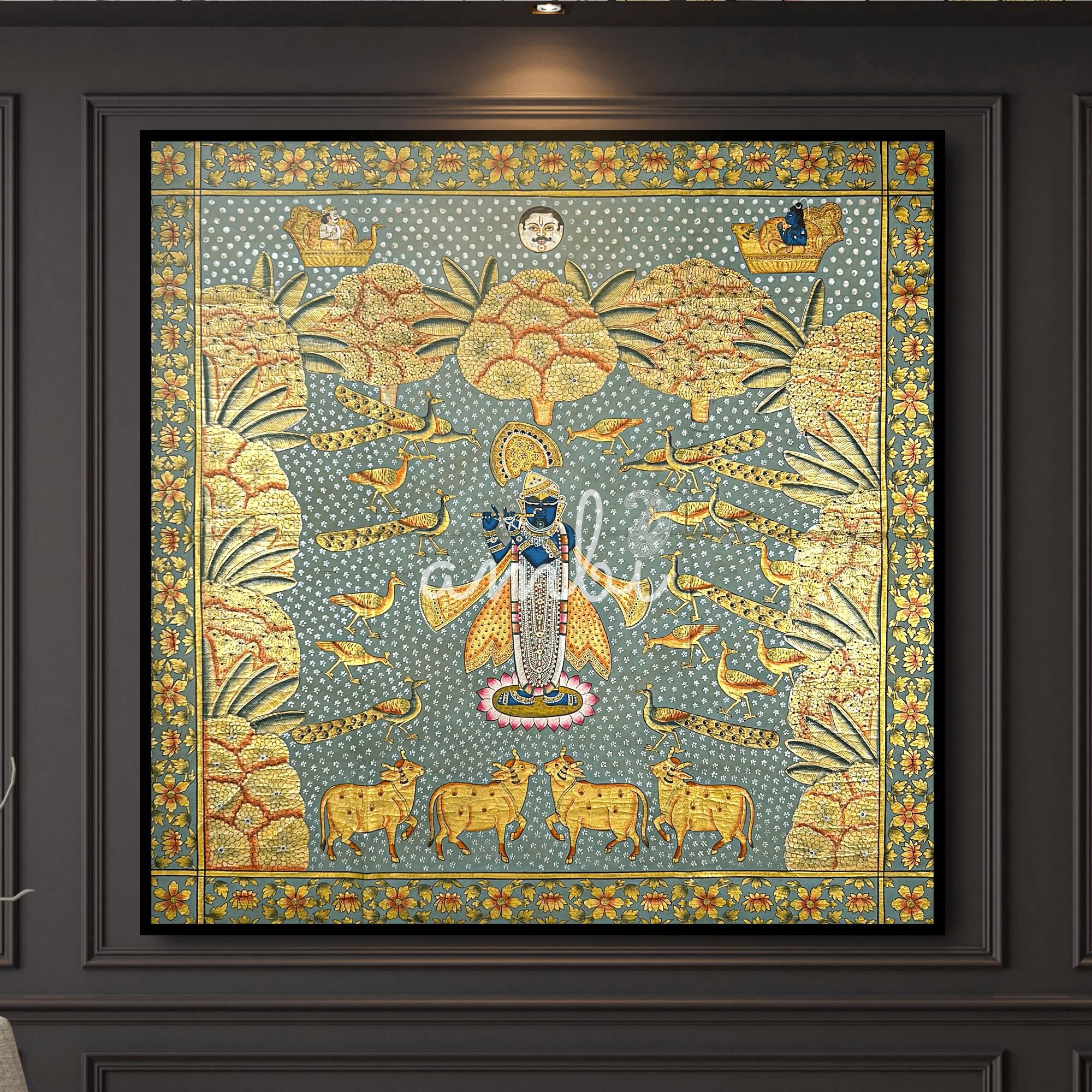 2026 - Pichwai Art - Handmade - Shreenathji with Cows and Peacocks Painting