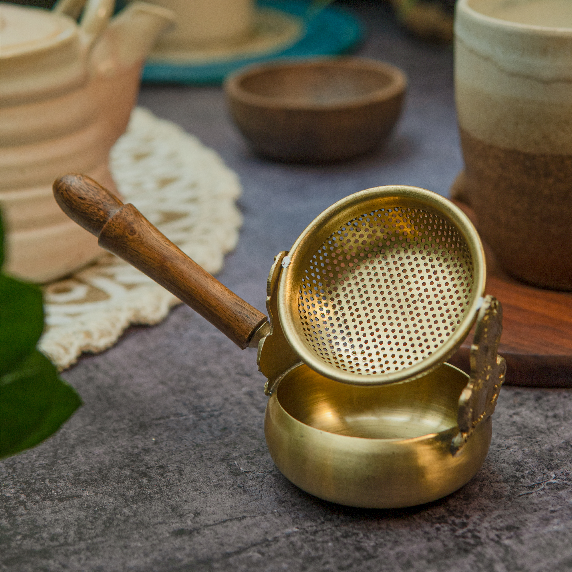 Exquisite Brass Swing Medium Sized Tea Strainer with Wooden Handle