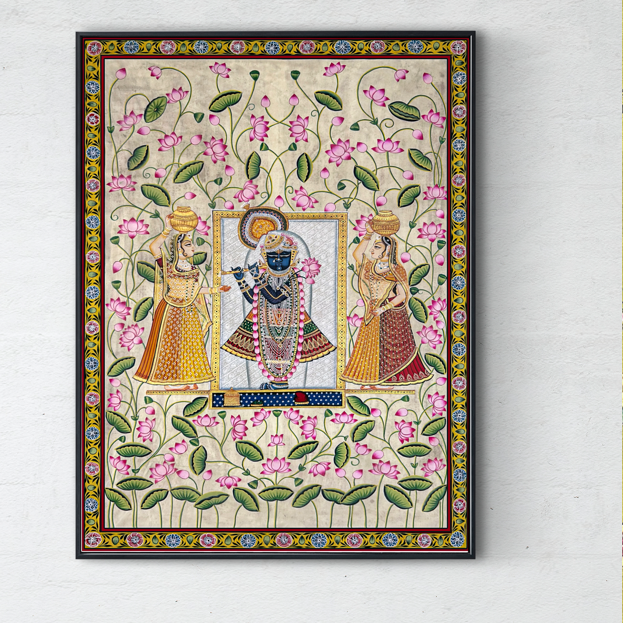 2025 Pichwai Art - Handmade Shreenathji with Gopis and Lotus Flowers Painting