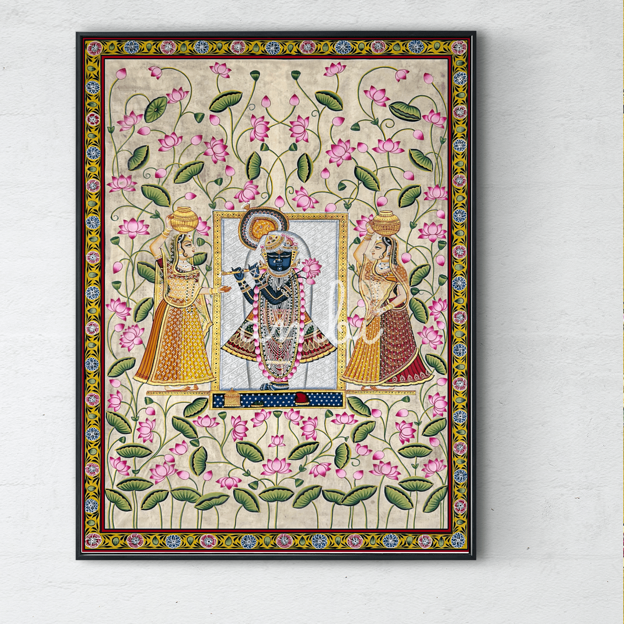 2026 - Pichwai Art - Handmade Shreenathji with Gopis and Lotus Flowers Painting