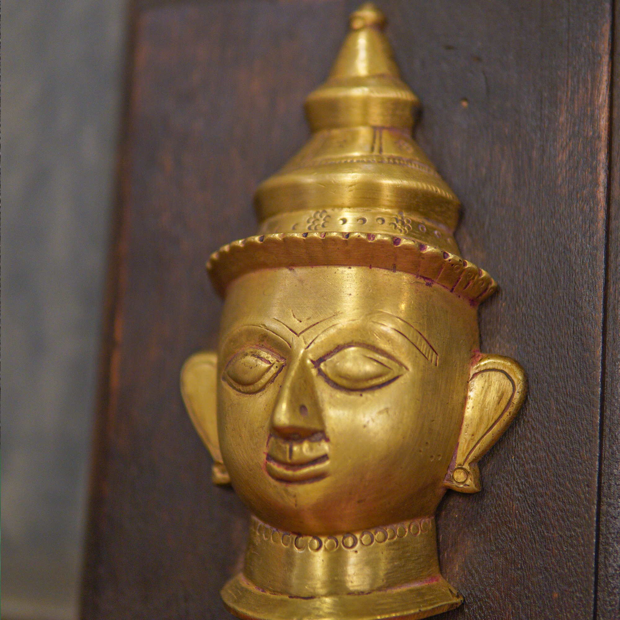 Vintage Handcrafted Buddha Brass Head on Wood Frame