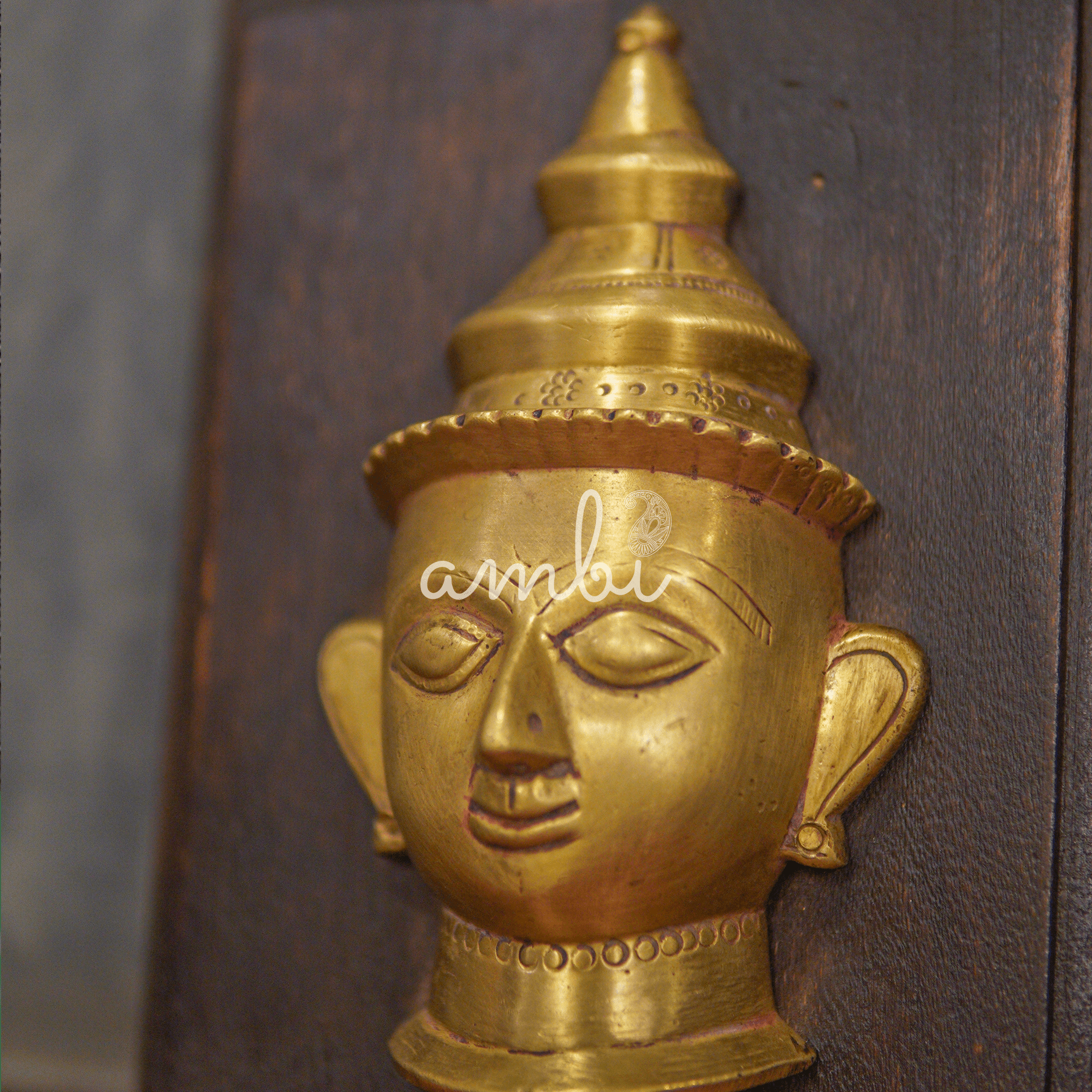 Vintage Handcrafted Buddha Brass Head on Wood Frame