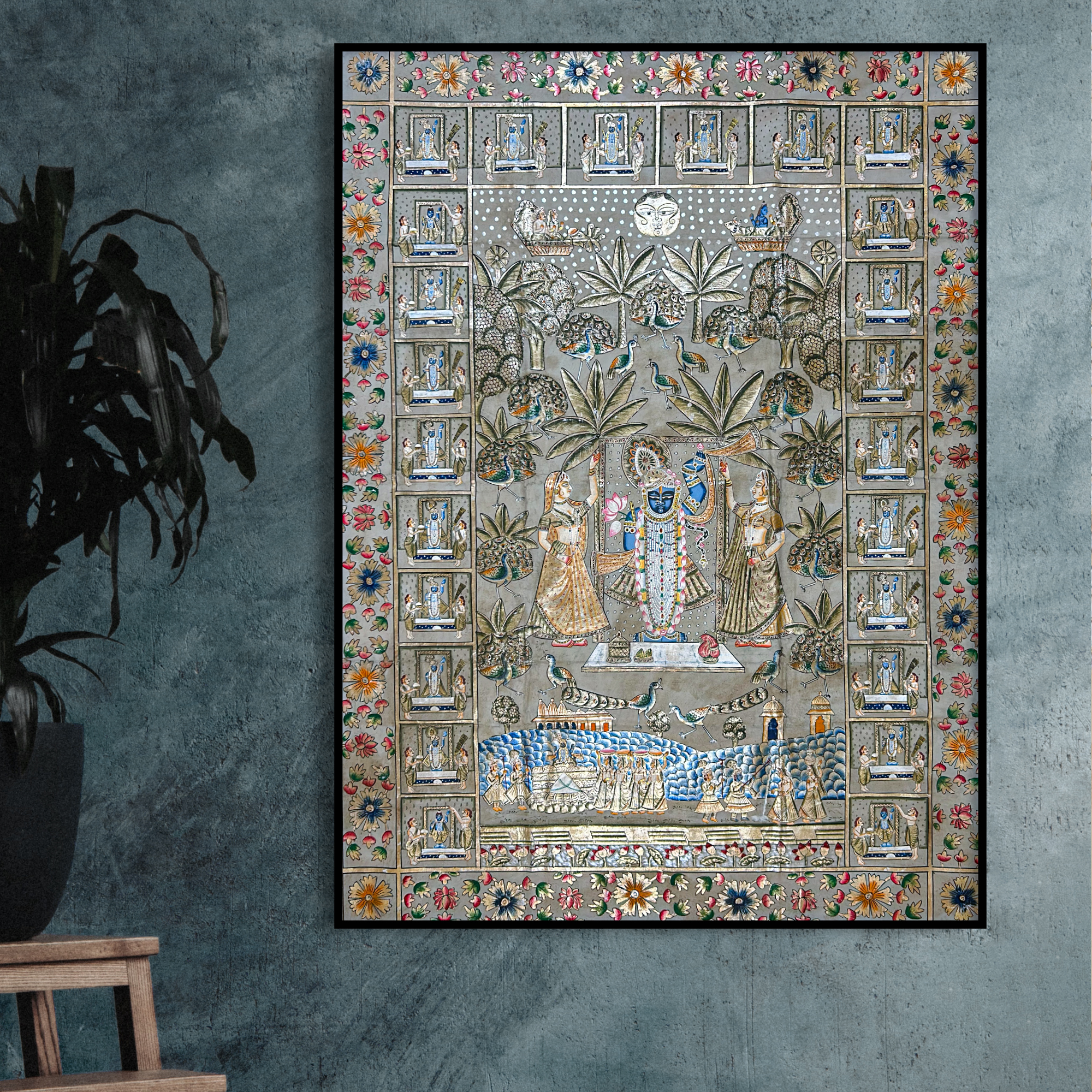 2025 - Handmade Pichwai Art - Shreenathji 24 Utsav large Painting with Silver and Gold Leaf